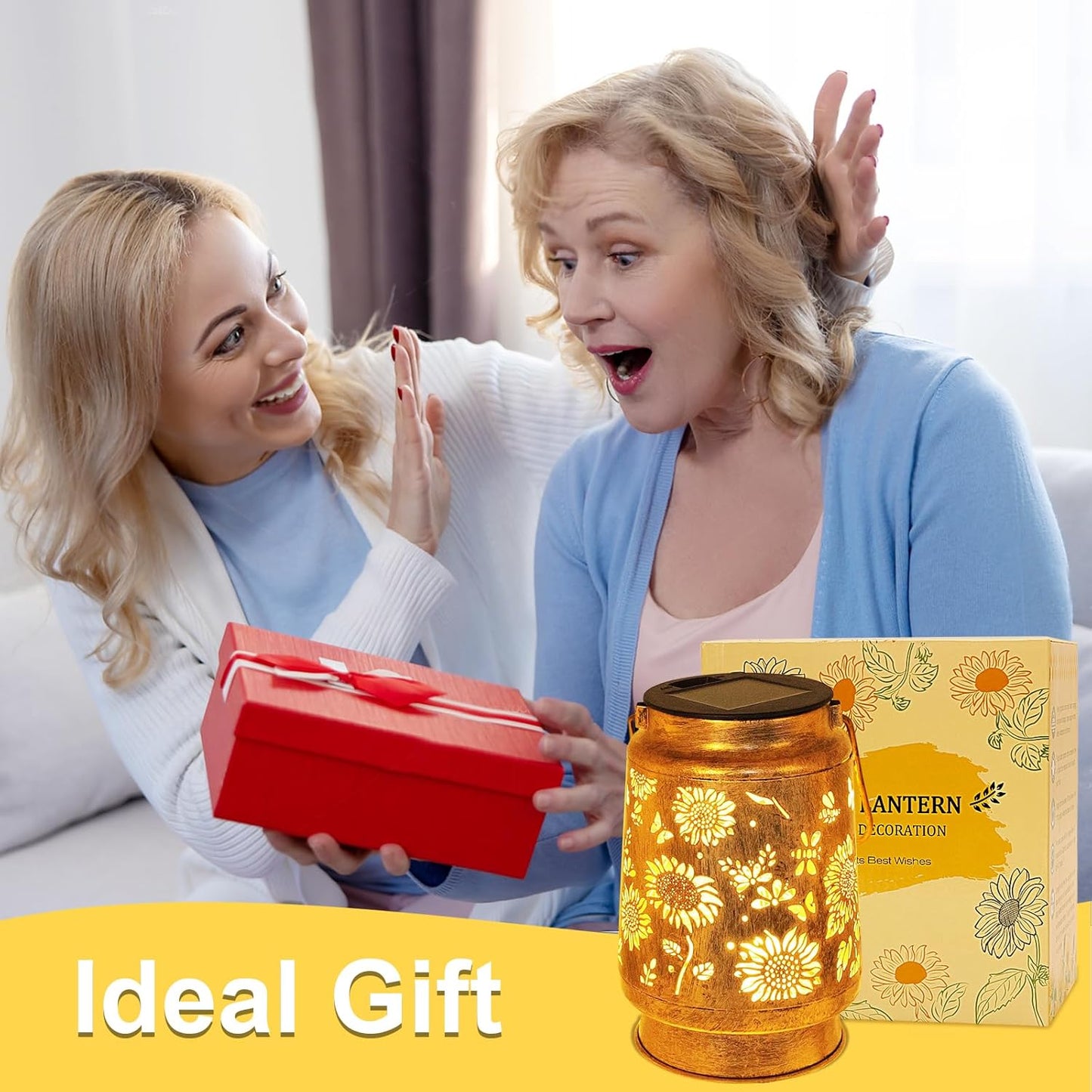 2 Pack Sunflower Solar Lanterns Garden Decor, Birthday Gifts for Women Mom Grandma Metal Hanging Solar Lights Outdoor Waterproof LED Decoration with Shepherd Hook Outside for Yard Porch Lawn Patio