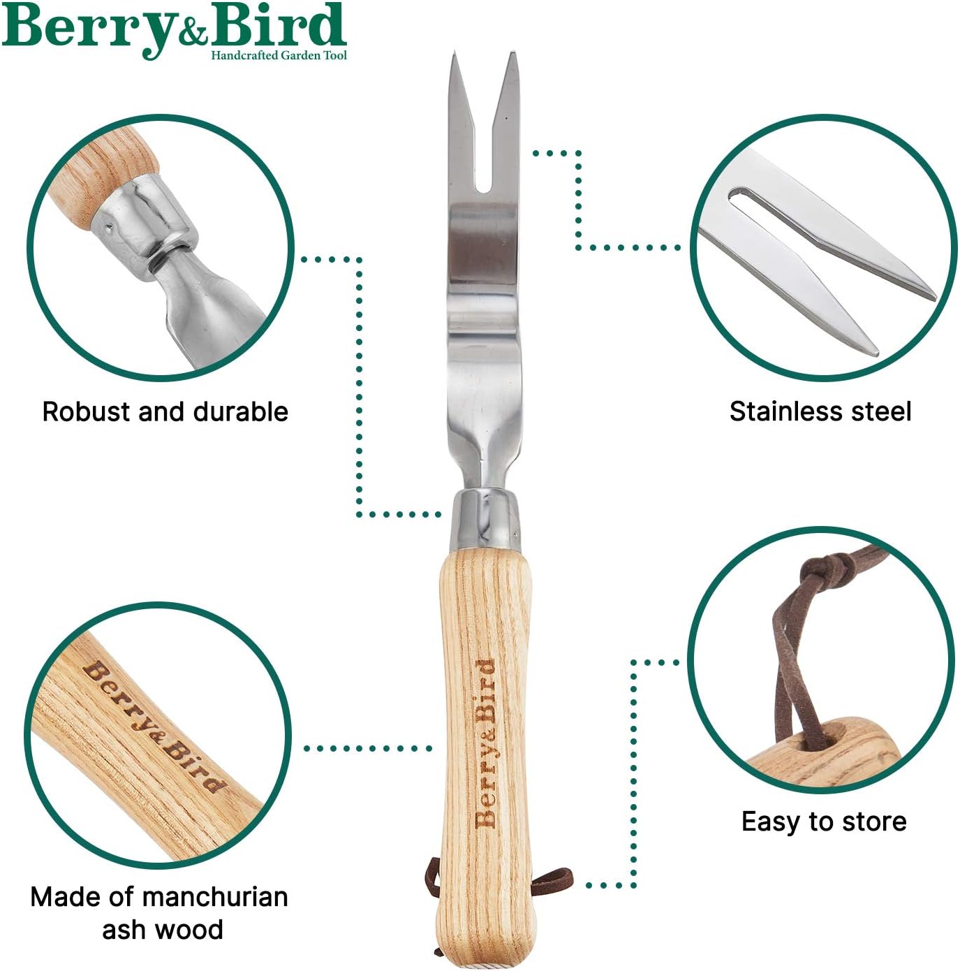 Berry&Bird Hand Weeder Tool, Stainless Steel Gardening Weed Puller, 12.1" Manual Weeding Removal Cutter Tool with Ash Wood Handle for Planting, Weeding, Flower & Vegetable Care in Garden Lawn Yard