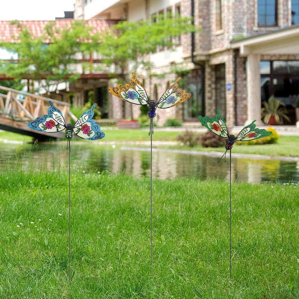 Butterfly Garden Stakes Decorative 3 Pack Yard Decorations Outdoor,Butterflies Garden Kit Glow in The Dark Metal Yard Art Patio Spring Outdoor Decor