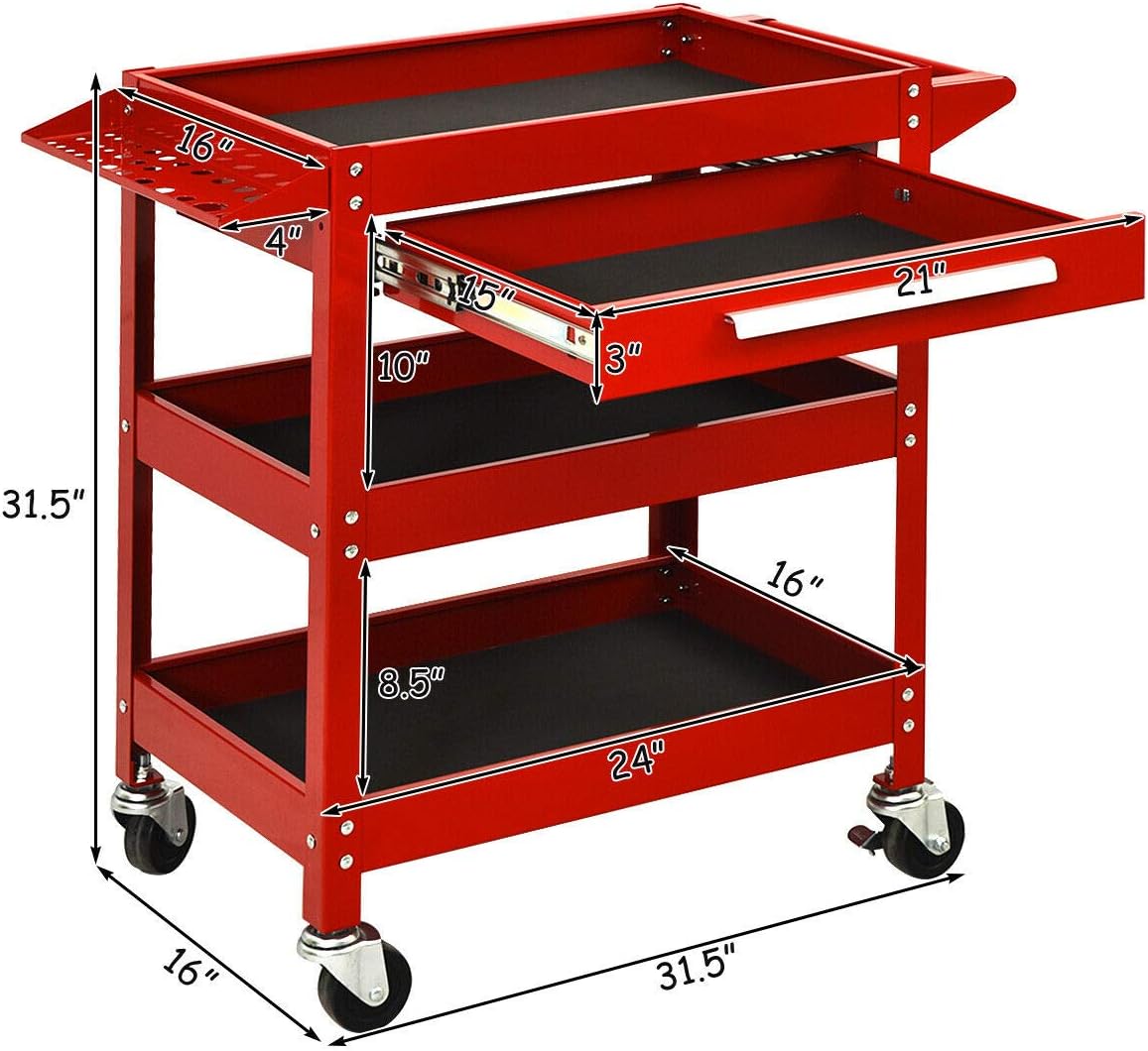 Goplus 3 Tier Rolling Tool Cart, 330 LBS Capacity Heavy Duty Utility Cart Tool Organizer with Storage Drawer, Industrial Commercial Service Tool Cart for Mechanics, Garage, Warehouse & Repair Shop