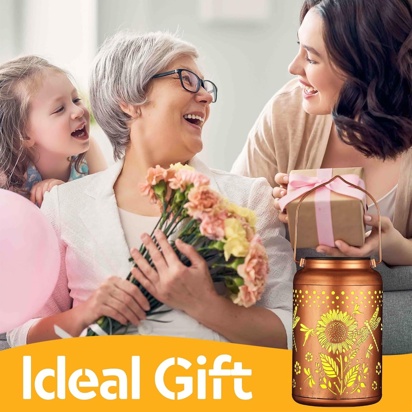 Solar Lanterns Outdoor Waterproof Hummingbird Garden Decor Christmas Gifts for Women Mom Grandma Hanging Lights Metal Decoration Outside for Yard, Patio,Backyard,Porch(Dragonfly and Sunflower)