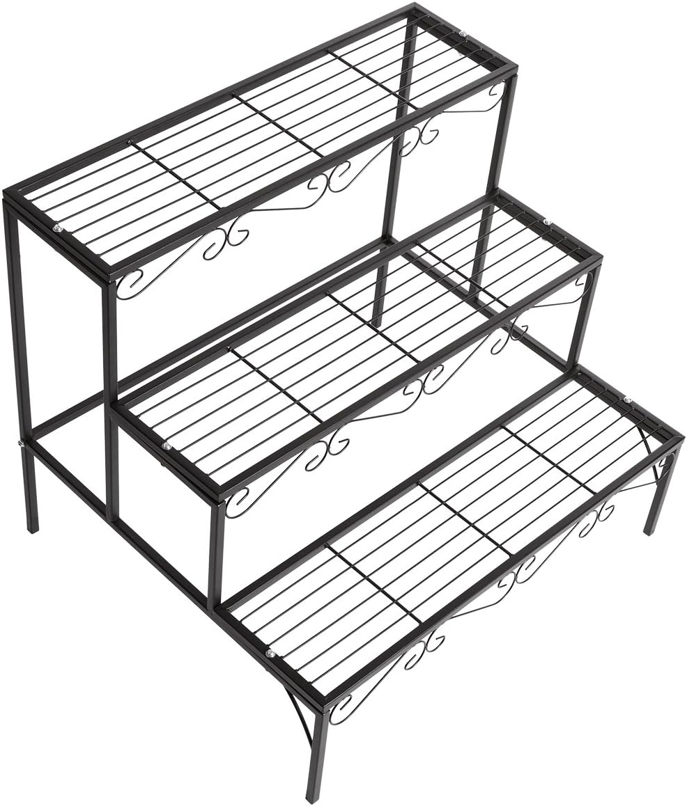 DOEWORKS 3 Tier Stair Style Metal Plant Stand, Garden Shelf for Large Flower Pot Display Rack Indoor Outdoor, Black