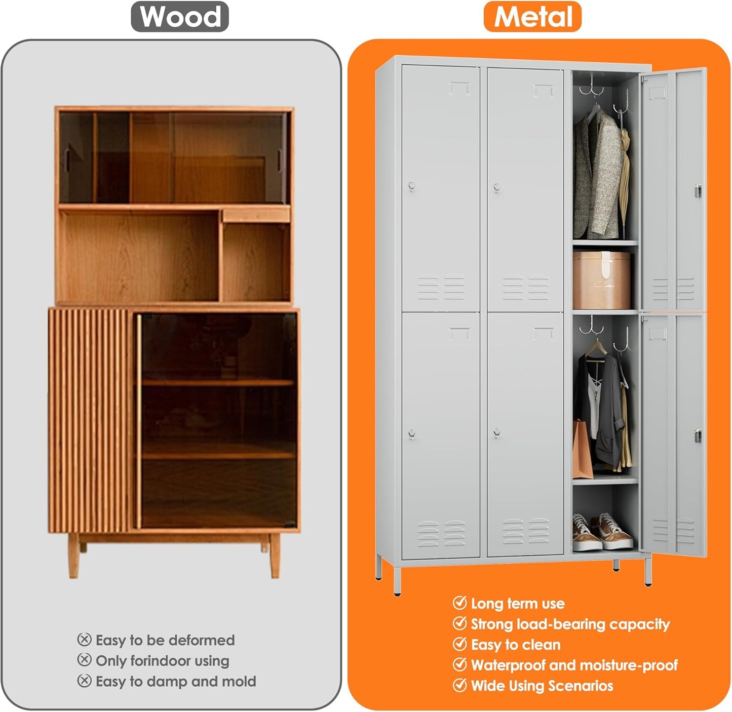 6 Doors Metal Storage Lockers for Employees with 18 Hooks,72" H Employee Lockers with Business Card Holder for Offices School Gyms Home,Assembly Required,Light Gray