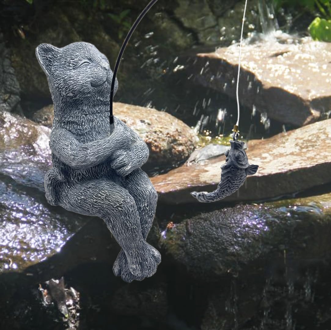 Cat Fishing Statue Garden Decor – 9.8" Weatherproof Resin Cat Fishing Sculpture Decor for Fish Ponds, Koi Ponds, Waterfalls, Poolside & Outdoor Gardens– Resin Figurine for Indoor & Outdoor Décor