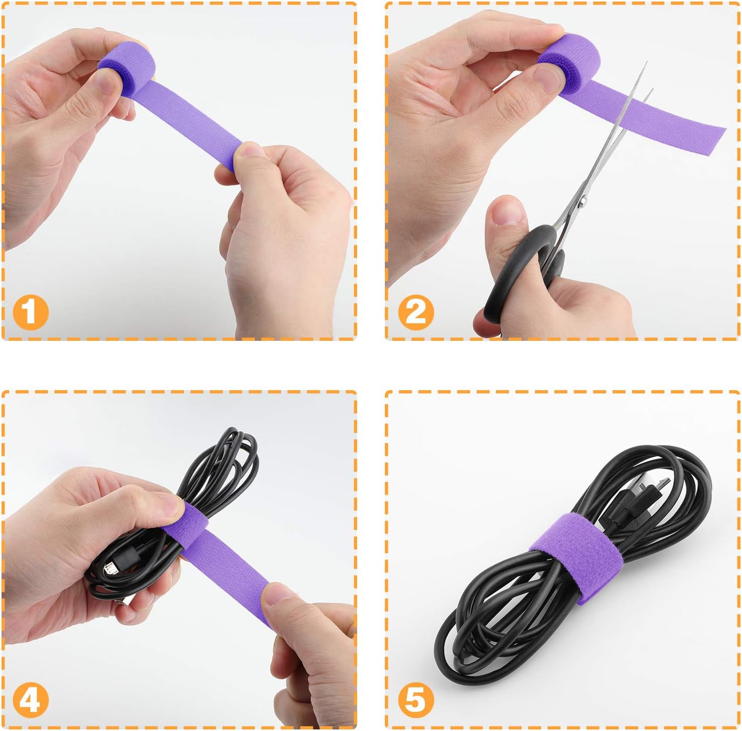 Reusable Fastening Tape Cable Ties 3/4 Inch Double Side Hook Roll (25 Yard, Purple)