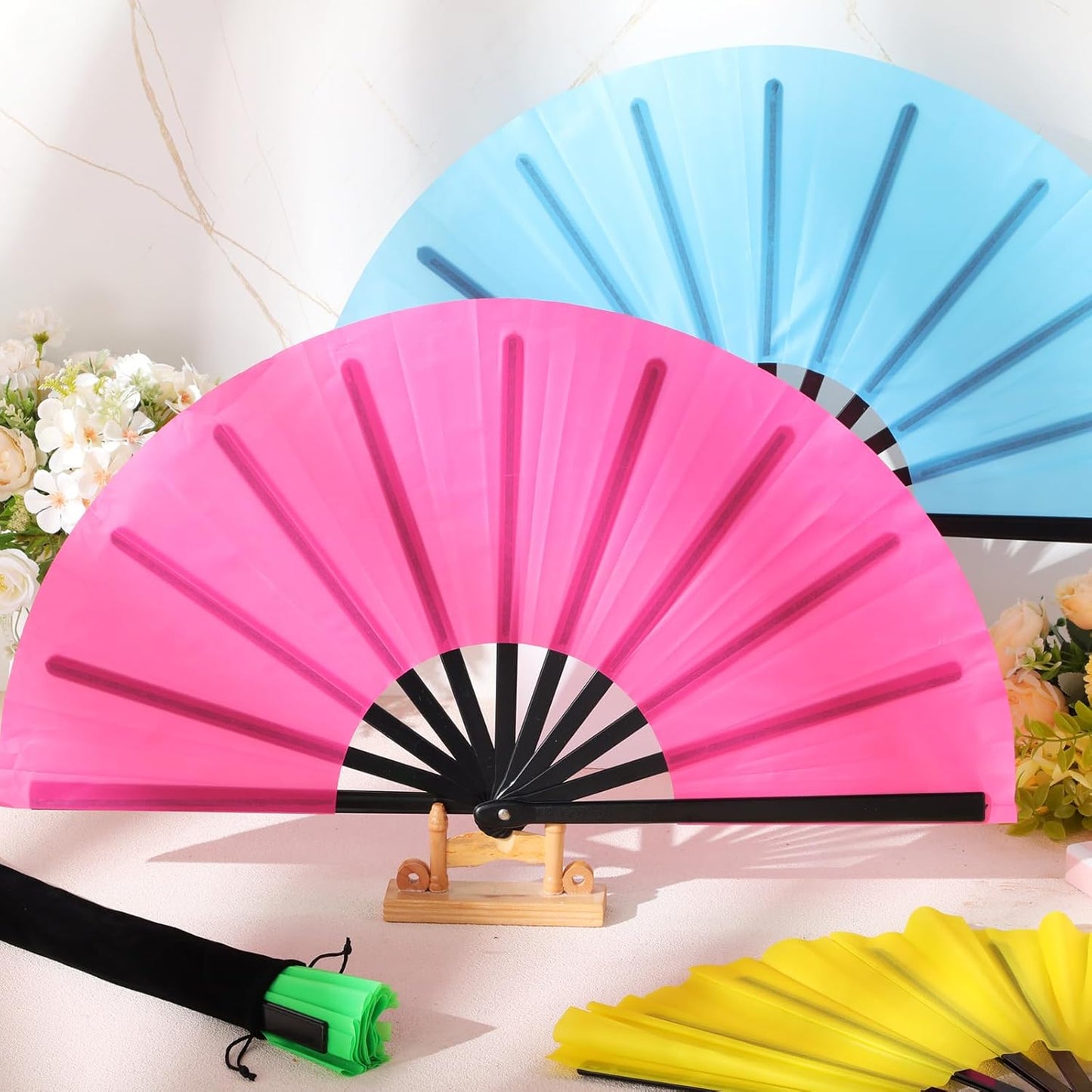 Blulu 4 Pcs 13 Inch Large Folding Hand Fans for Line Dancing Big Clapping Popping Raves Fans Bulk for Dancing Boots on The Ground Festival Party Decoration(Classic Style, Fluorescent Color)