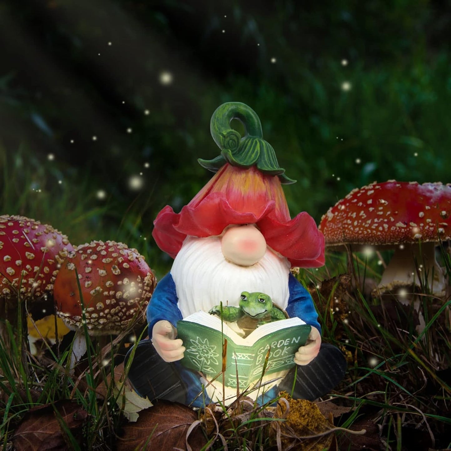 Garden Gnome Statue-Resin Gnome Figurine Hugging Turtle Reading Book with Solar LED Lights,Outdoor Summer Decorations for Patio Yard Lawn Porch,Garden Ornament Gift
