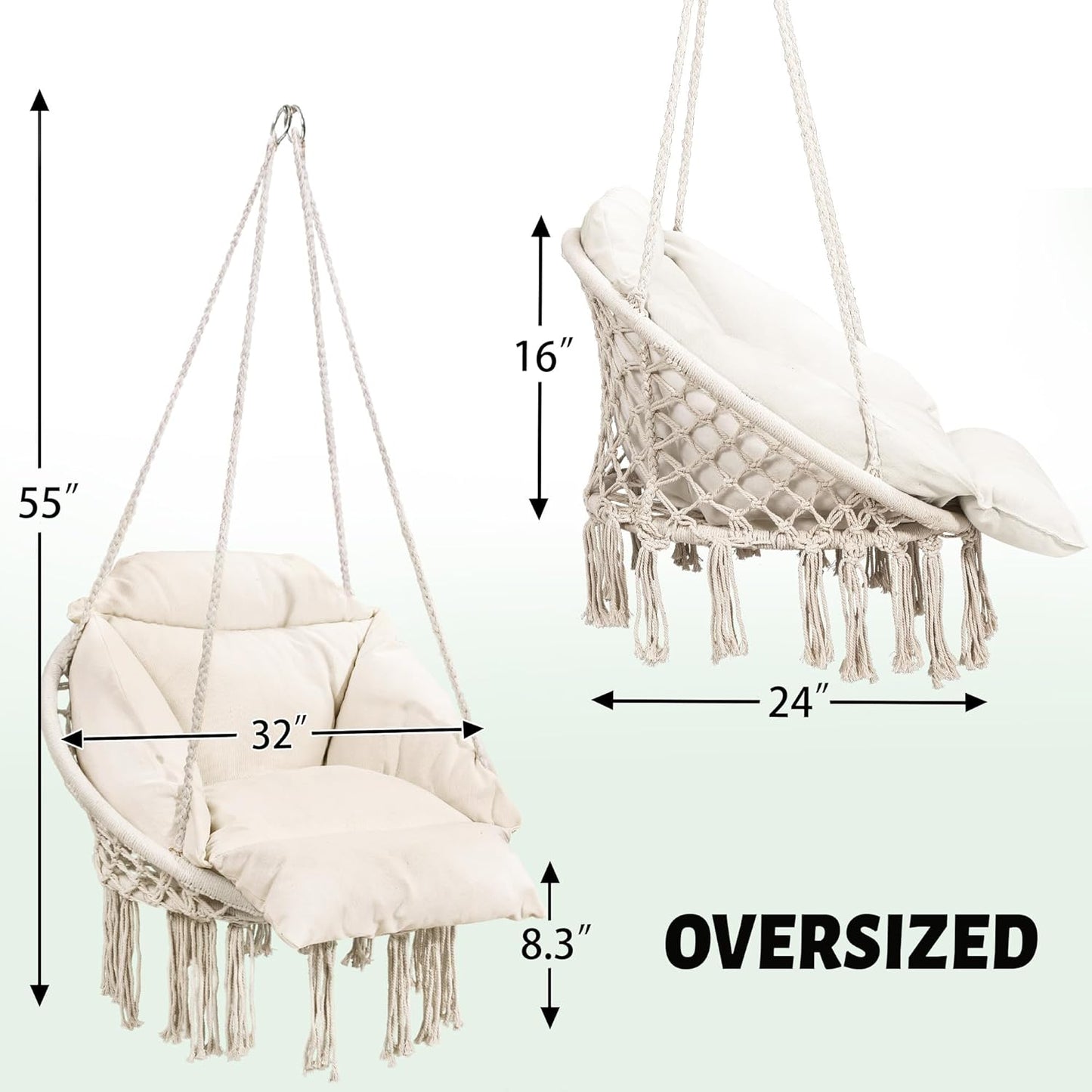 Macrame Hammock Hanging Swinging Chair with Oversized Cushion, Perfect for Bedroom, Porch, Kids, Adults, Balcony, Beige