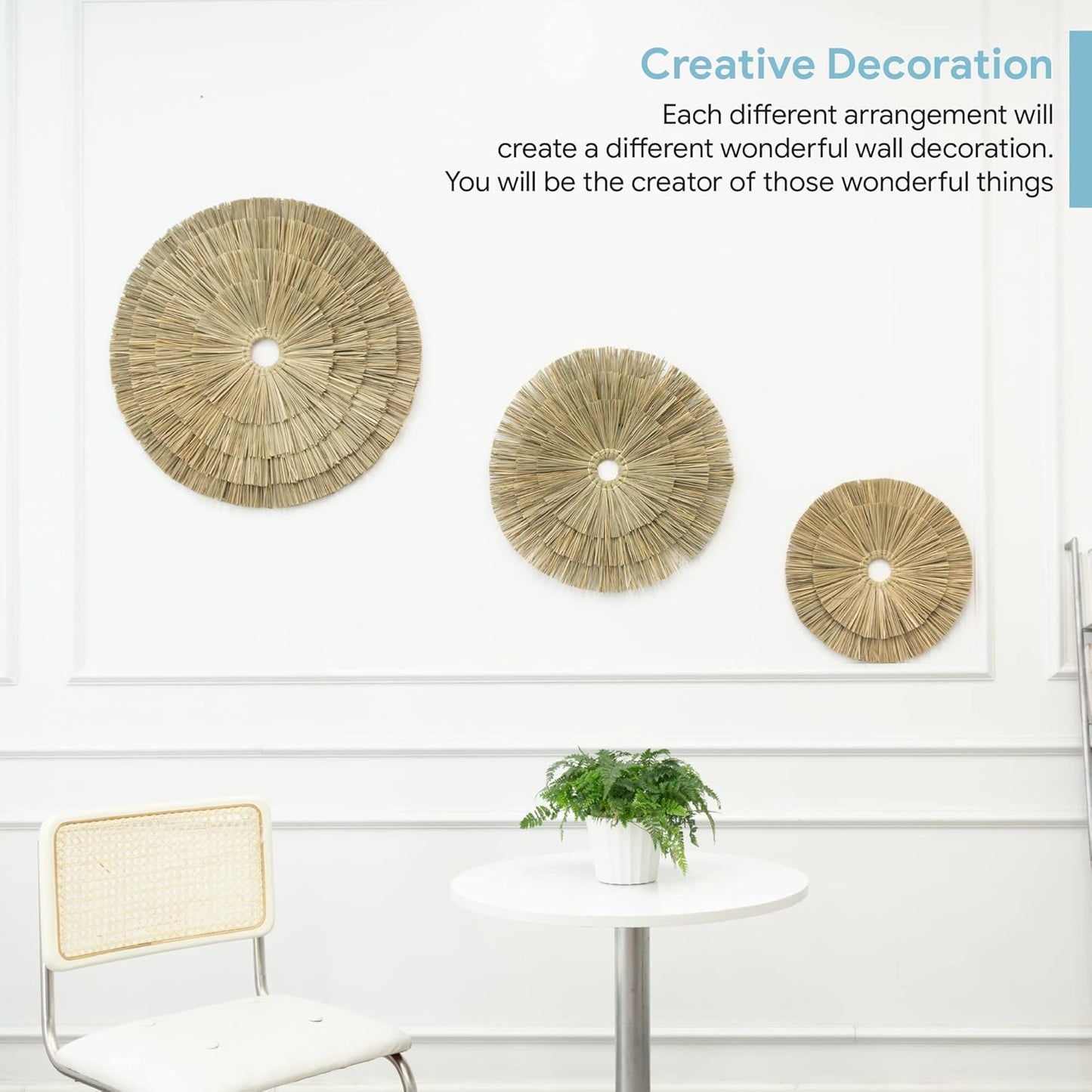 VATIMA Boho Wall Décor – Simple Oversized Wall Basket Décor for Home and Office – Seagrass Wicker Basket Wall Décor Set – 3pcs Flat Baskets – Easy to Hang – Handmade Design – Small/Medium/Large