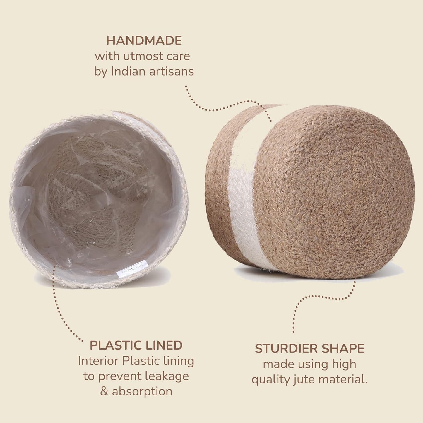 Jute Planter Basket -Sustainable Woven Rope Covers for Decorating Indoor/Outdoor Plants Pots 6.5x6.5x6 Inches Ideal Size for 6" Planter-Multi-Purpose Storage Set of 2 White & Natural Jute