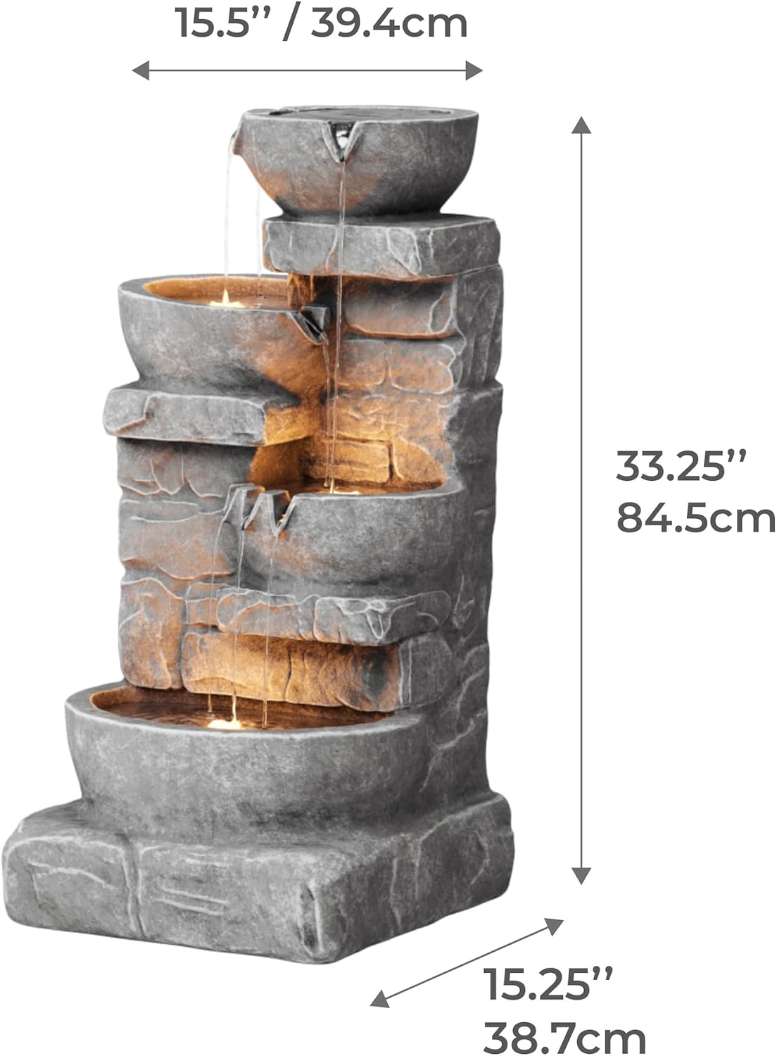 Teamson Home 33.25 in. Cascading Bowls and Stacked Stones LED Outdoor Water Fountain for Gardens, Landscaping, Patios, Balconies, and Lawns for a Calming Oasis in Outdoor Living Spaces, Stone Gray