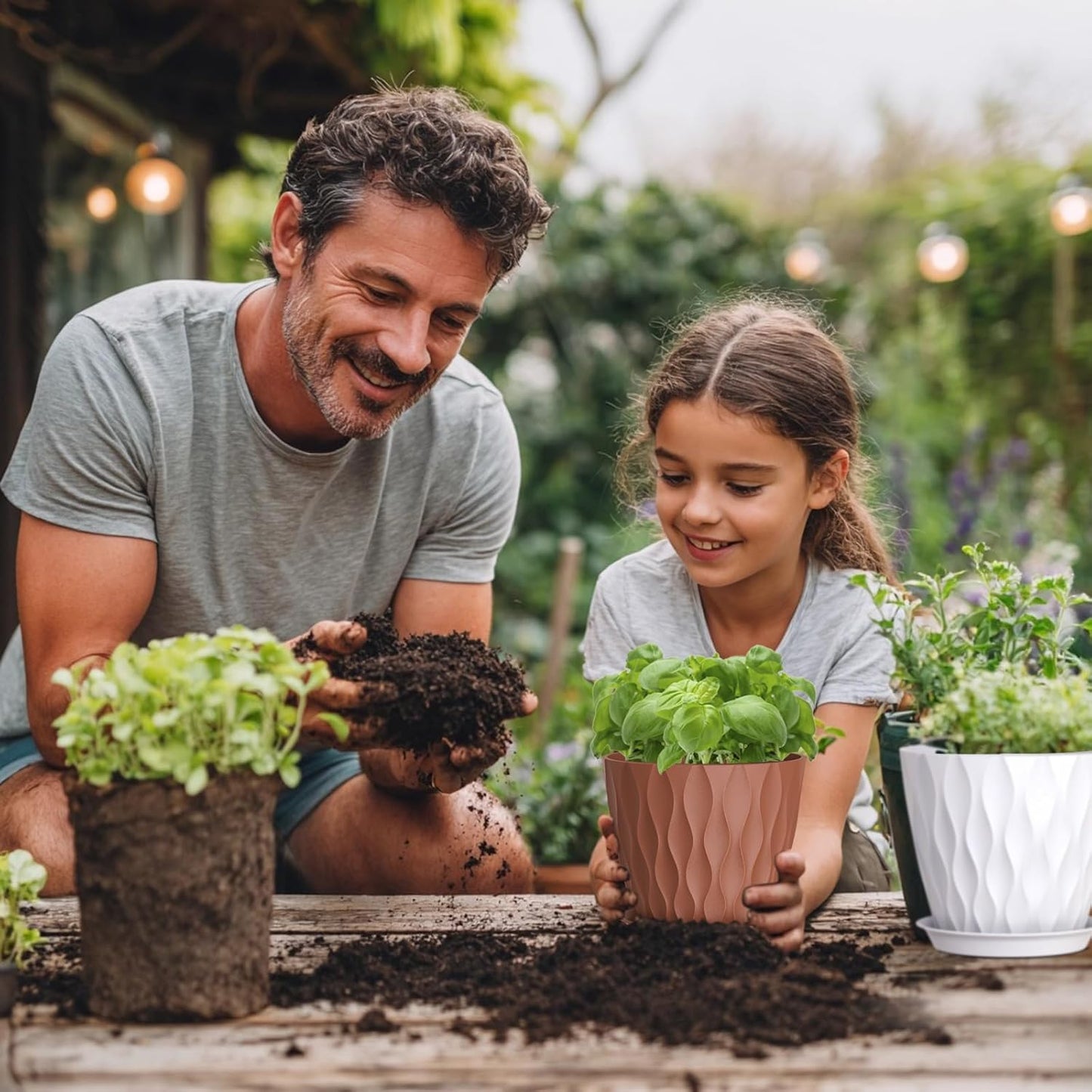 7 inch Plant Pots for Indoor Outdoor Plants, 5 Pack Thick Nursery Pots with Drainage Holes and Saucers, 3D Modern Wave Texture Plastic Planter Pots for Flowers and House Plants, Multicolor