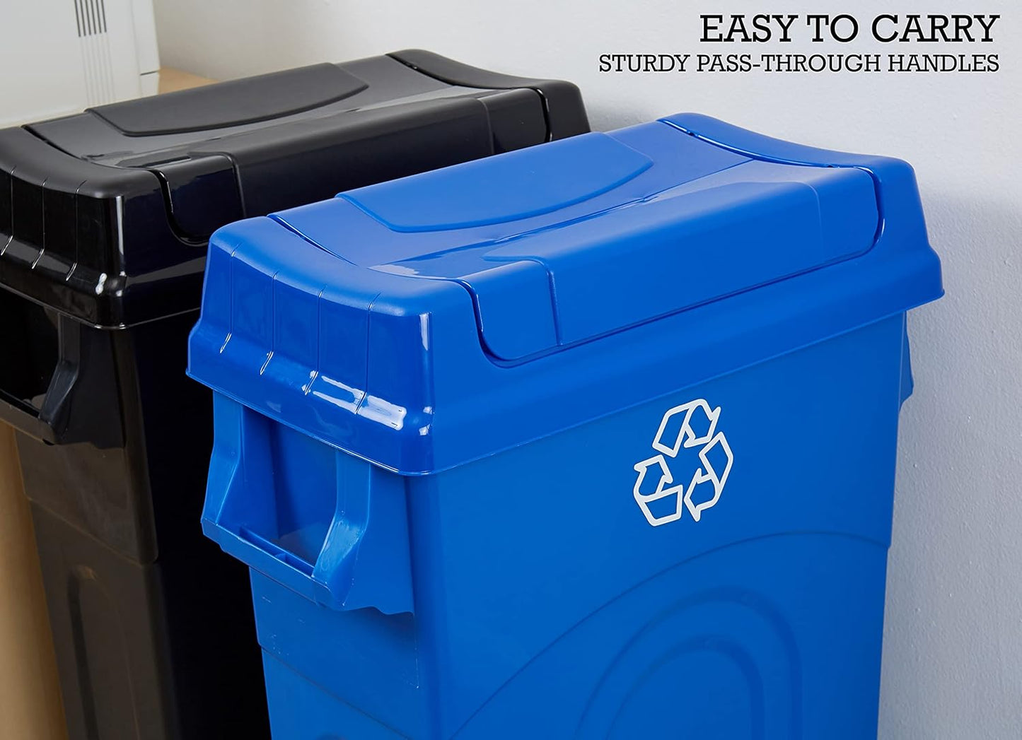 United Solutions 23 Gallon Highboy Plastic Recycling Bin Kitchen Trash Can with Lid, Pass Through Handles, and Dustpan Edge, Blue