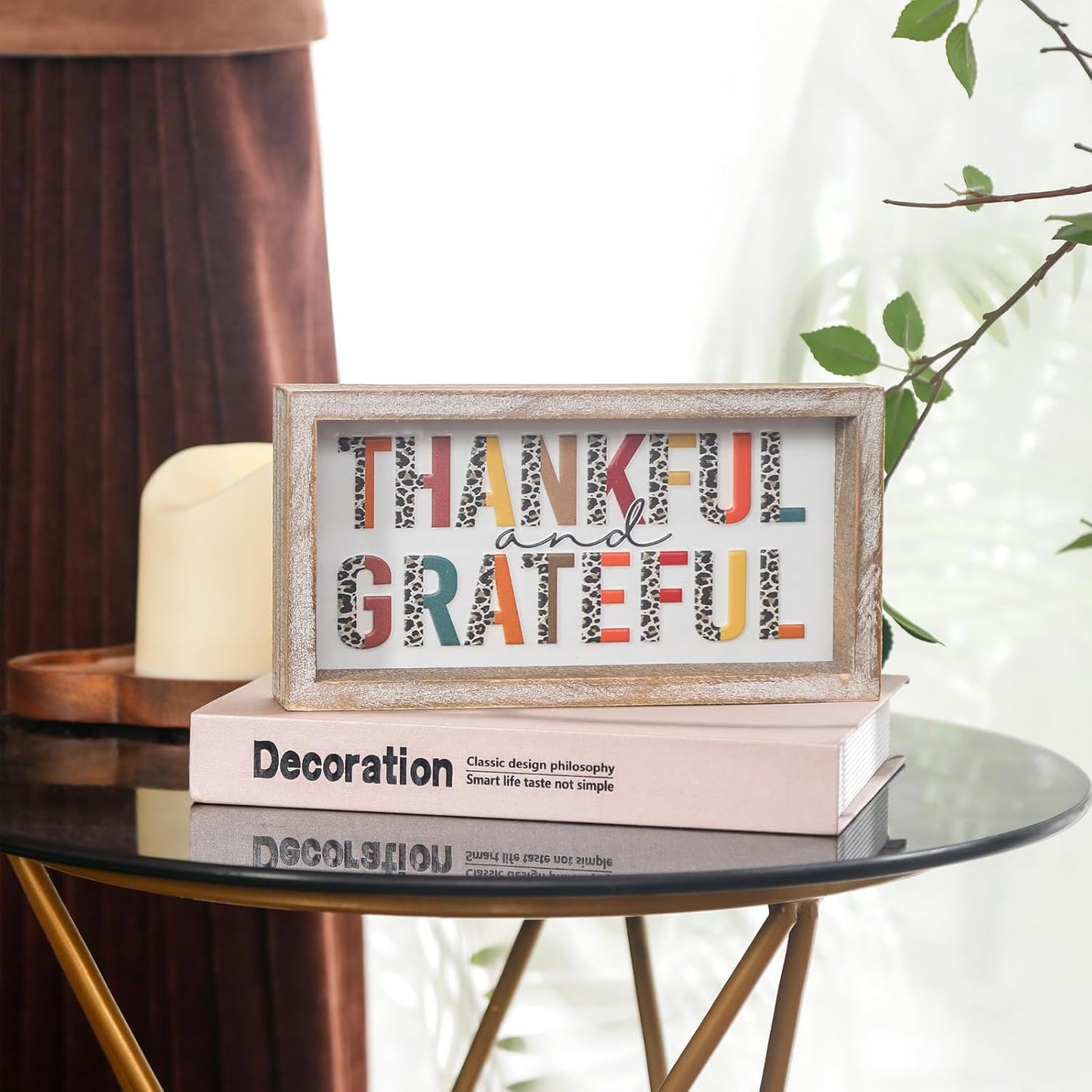 Embossed Thankful and Grateful Sign, Thanksgiving Decorations for Table Cubicle Desk Mantel Fireplace, Vintage Thanksgiving Home Decor Leopard Print Wooden Sign