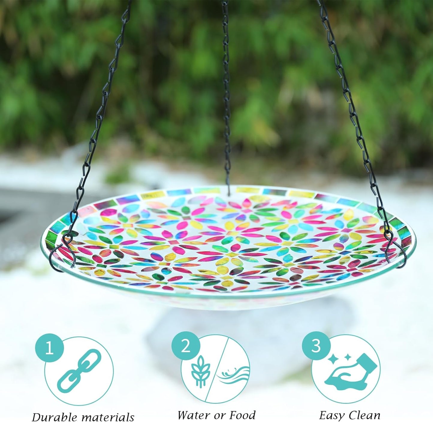 VCUTEKA Hanging Bird Bath, Glass Mosaic Bird Baths for Outdoors Birdfeeder with 21 inch Rust-Proof Chain for Garden Yard Decor