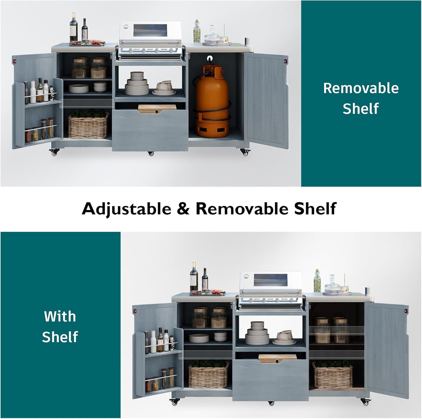 Merax 66.5" Outdoor Grill Table for Big Green Egg, Farmhouse Kitchen Island on Wheels with Stainless Steel Tabletop, Drawer and Spice Rack, Solid Wood Outdoor Storage Cabinet for Backyard, Grey Blue