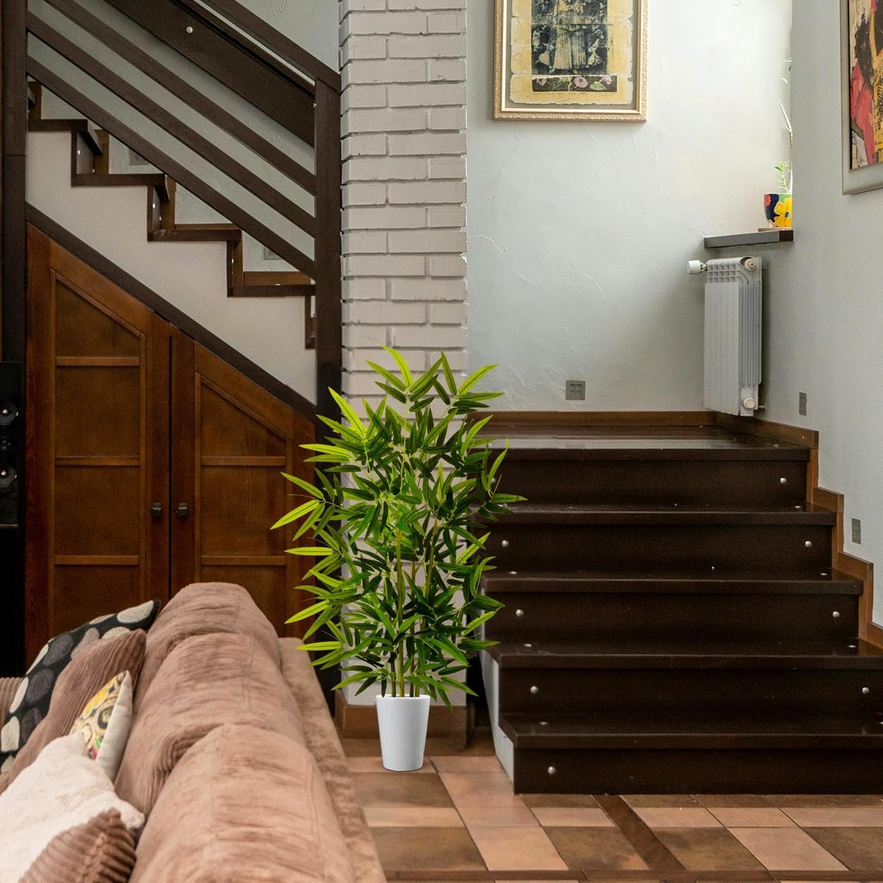 Artificial Bamboo Tree, 4ft Tall Faux Bamboo Plant with White Planter, Fake Trees with 4 Trunks and Lifelike Leaves for Indoor Outdoor Home Office Décor