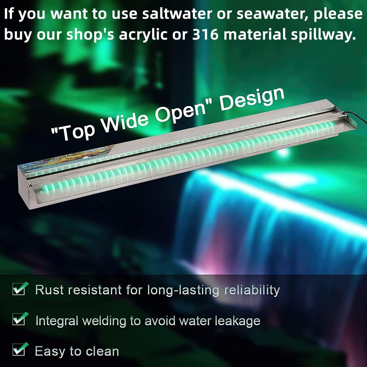 YUDA 36" Stainless Steel Waterfall Pool Fountain with SMD LED 7 Color Changing and Remote, Lighted Waterfall Spillway for Sheer Descent Garden Outdoor