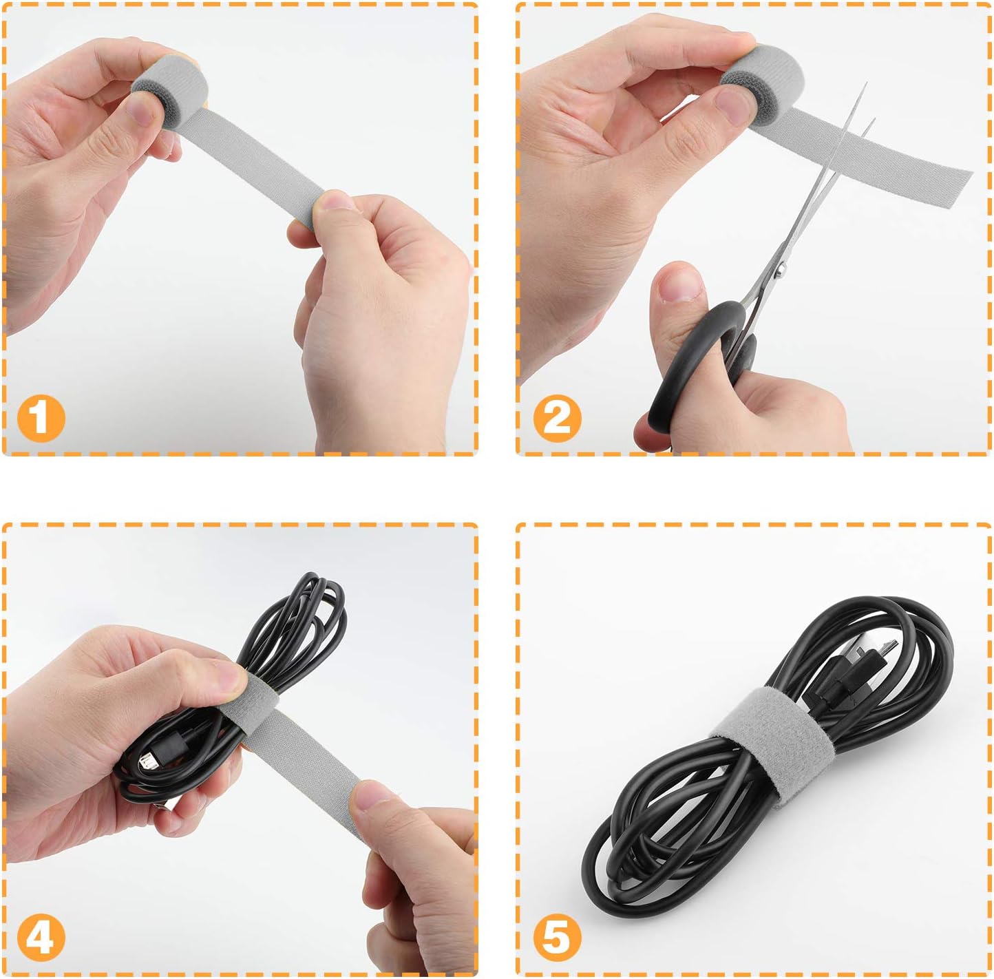 Reusable Fastening Tape Cable Ties 3/4 Inch Double Side Hook Roll (25 Yard, Grey)