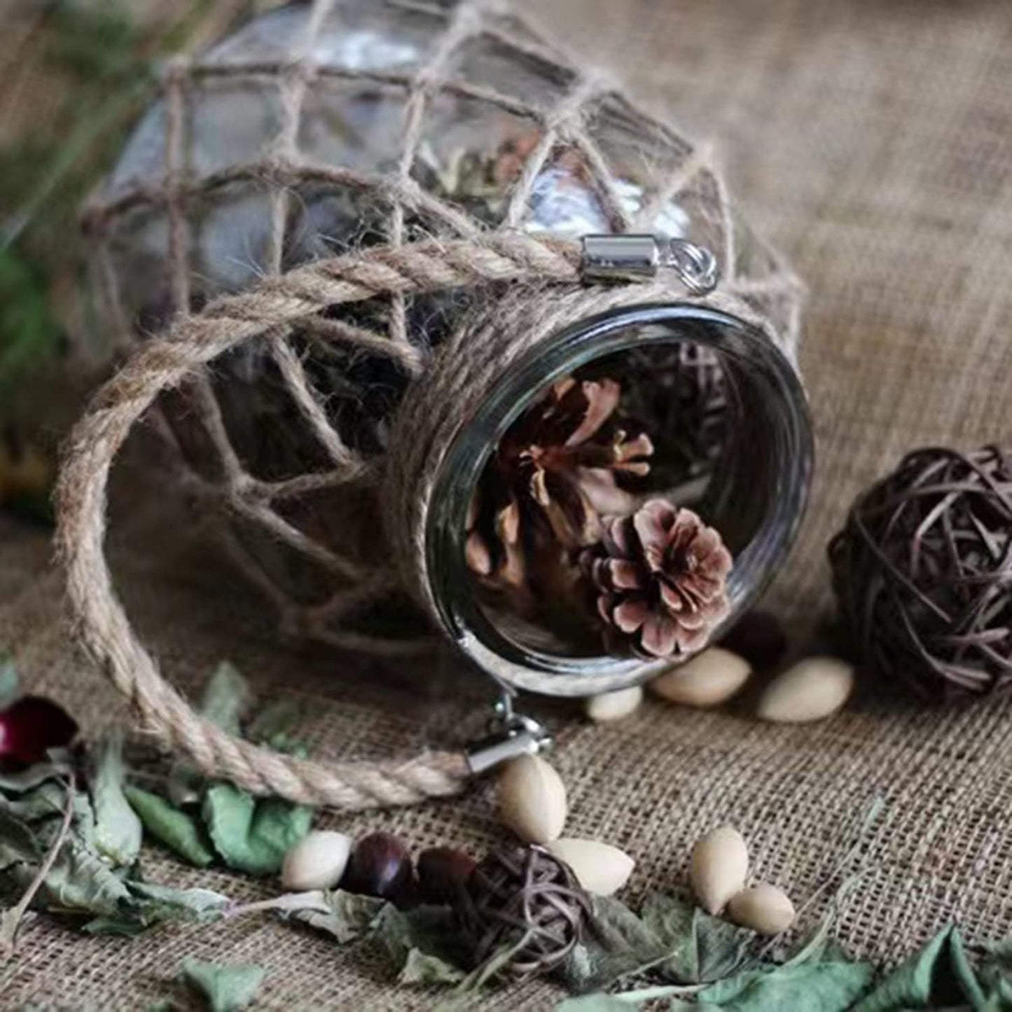 Rustic Hanging Mason Nautical Jar Creative Rope Net Dry Flower Glass Vase with Handle 6.5 Inch