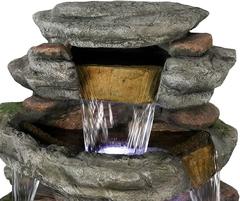 SunJet 47.2" High Cascading Rock Outdoor Water Fountain with LED Lights - Large Outdoor Resin Fountains and Waterfalls for Garden or Patio, Yard, and Deck Decor, Featuring Natural Stone Look