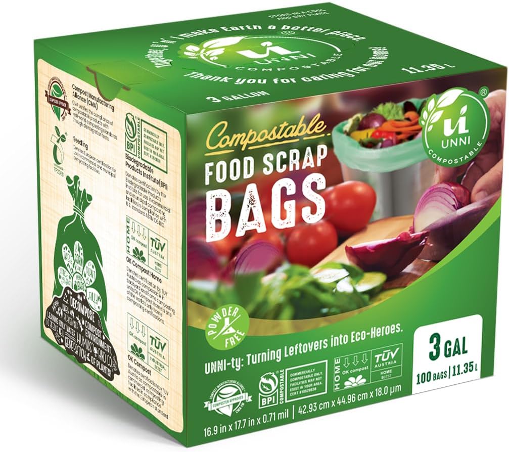 UNNI Compostable Trash Bags, 3 Gallon / 11.35 Liter, 200 Count, Extra Thick 0.71 Mil Small Kitchen Food Scrap Bin Liners, Certified by BPI, CMA & OK compost HOME, Meets the ASTM D6400 Standard