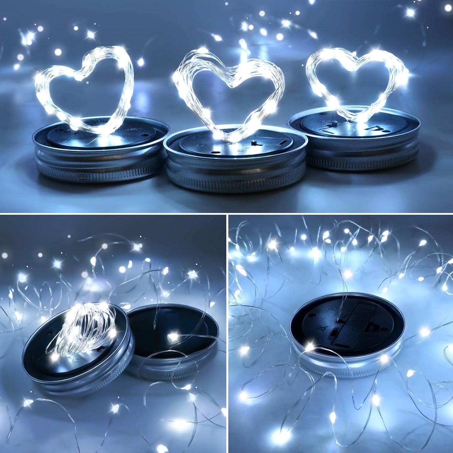 ZNYCYE Solar Mason Jar Lights, 6 Pack 30 LED Waterproof Solar Fairy Firefly Jar Lids String Lights with Hangers(NO Jars) for Outdoor Lawn Patio Garden Yard Wedding Decoration - Cool White