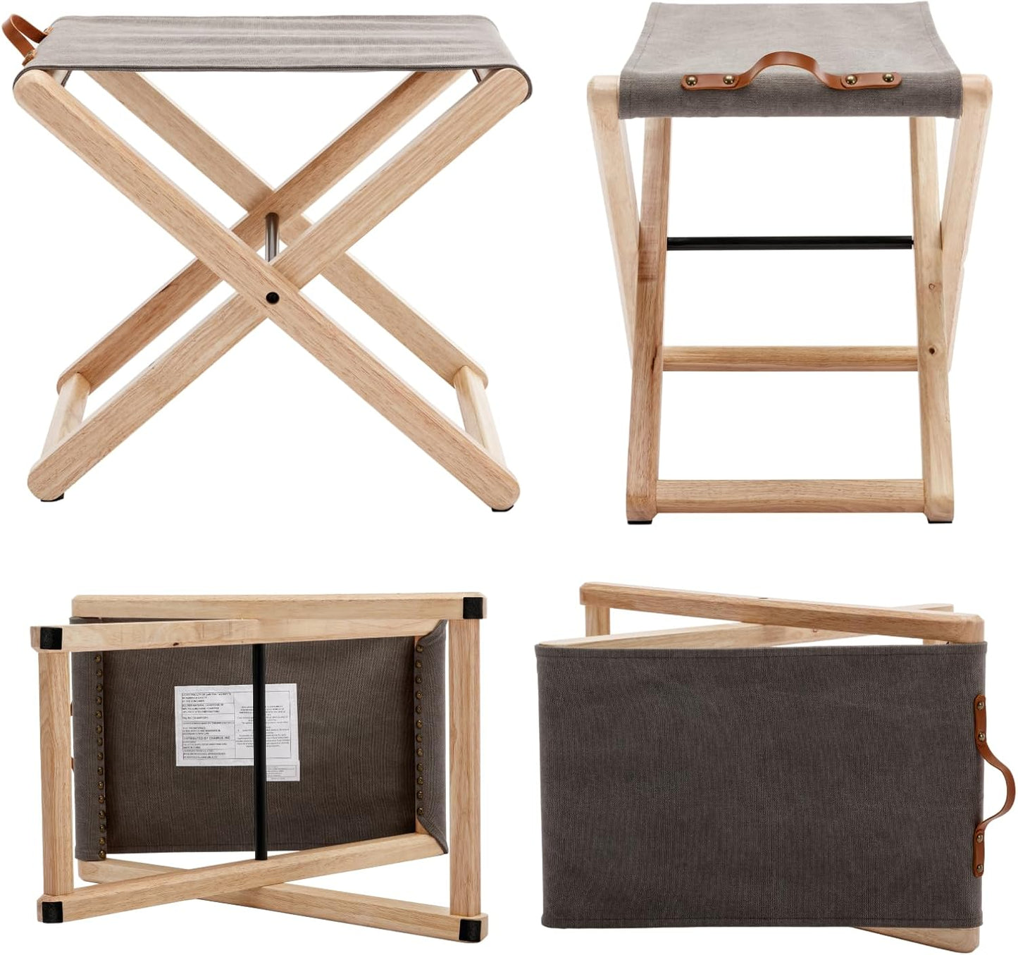 Folding Canvas Camp Stools Set of 2, Wood Folding Camping Stool Patio Portable Foot Stool for Garden Outdoor Fishing Picnic Travel BBQ, Grey