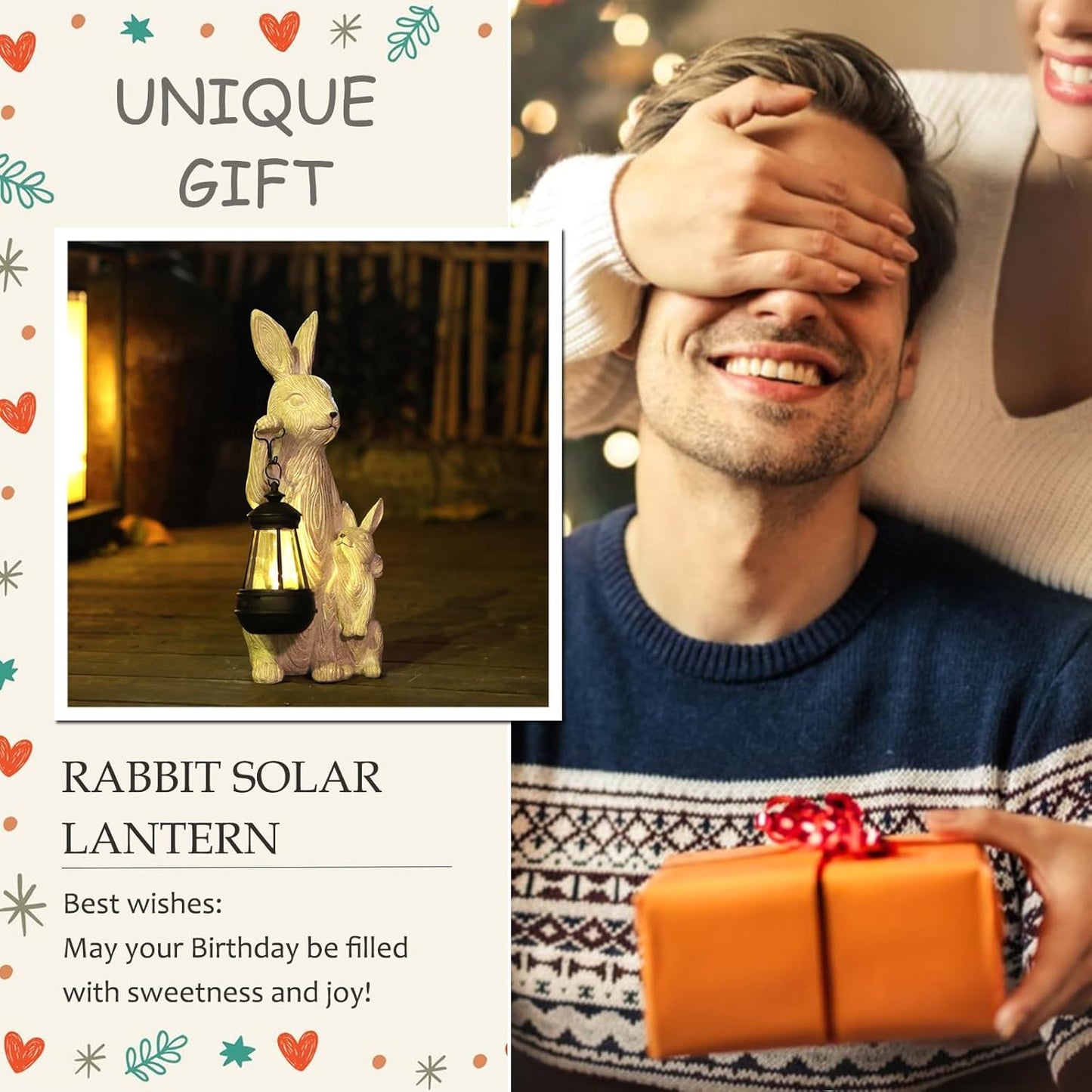 Solar Garden Statues Bunny Decor with LED Lights Home Decorations Outdoor Garden Rabbit Statue for Patio, Balcony, Yard, Lawn Ornament - Unique Housewarming Birthday Gifts for Women