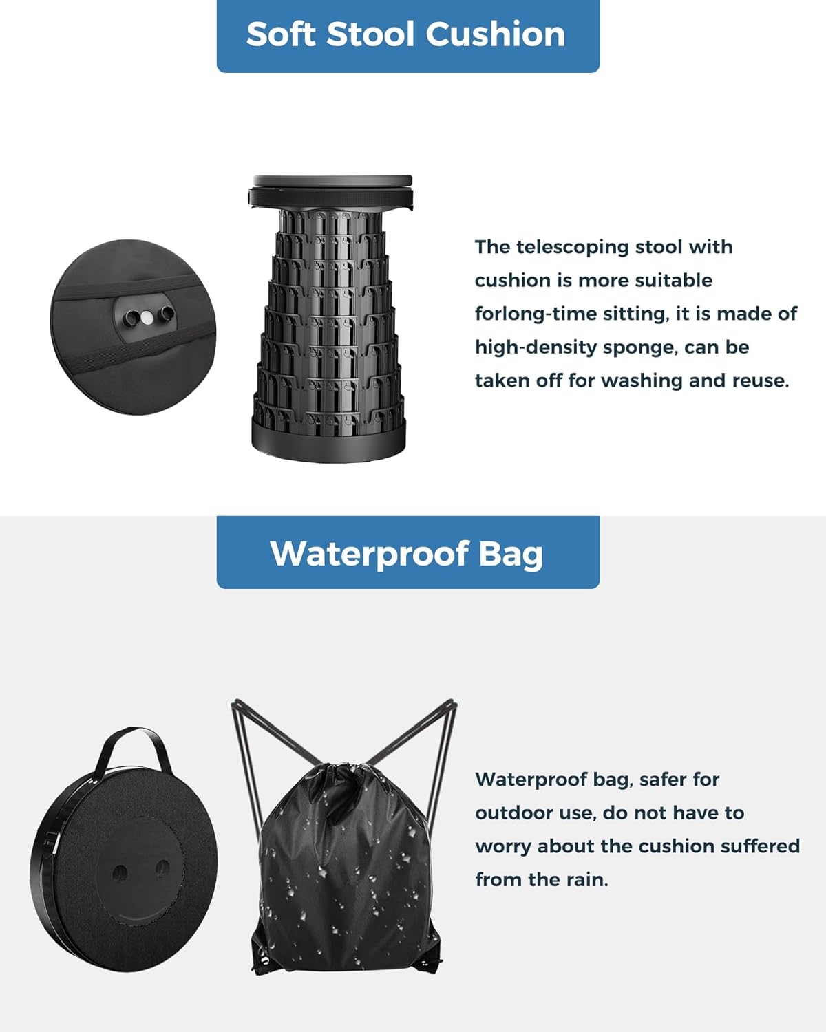 Upgraded Collapsible Stool with Removable Cushion & Waterproof Carry Bag - Portable Folding Stool for Adults, Camping, Fishing, Hiking - Lightweight Yet Sturdy Max 400lbs