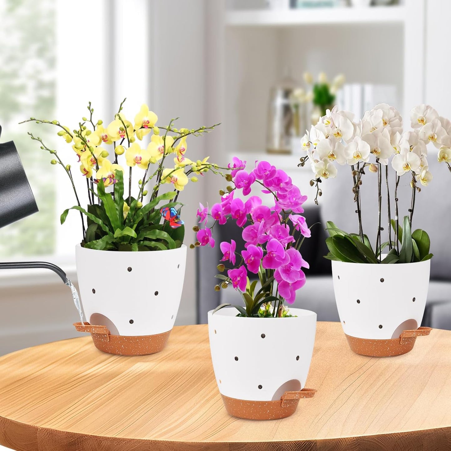 6 Inch Orchid Pots with Holes, 2 Pack Self Watering Planters for Orchids Plastic Orchid Pot Plant Flower Pots for Orchids Indoor Outdoor (White with Brown)