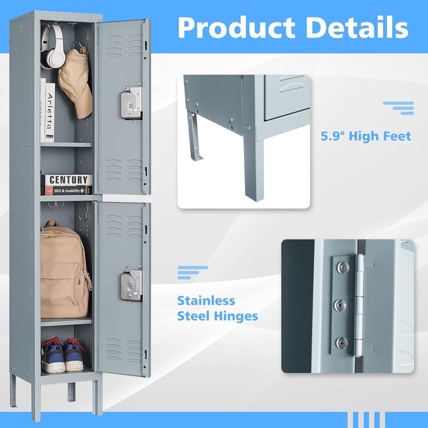 Letaya Storage Locker with Lock Door,Metal Storage Cabinet 4 Tier with Hook for Employees, School,Gym, Home,Office(2 Door-Gray)