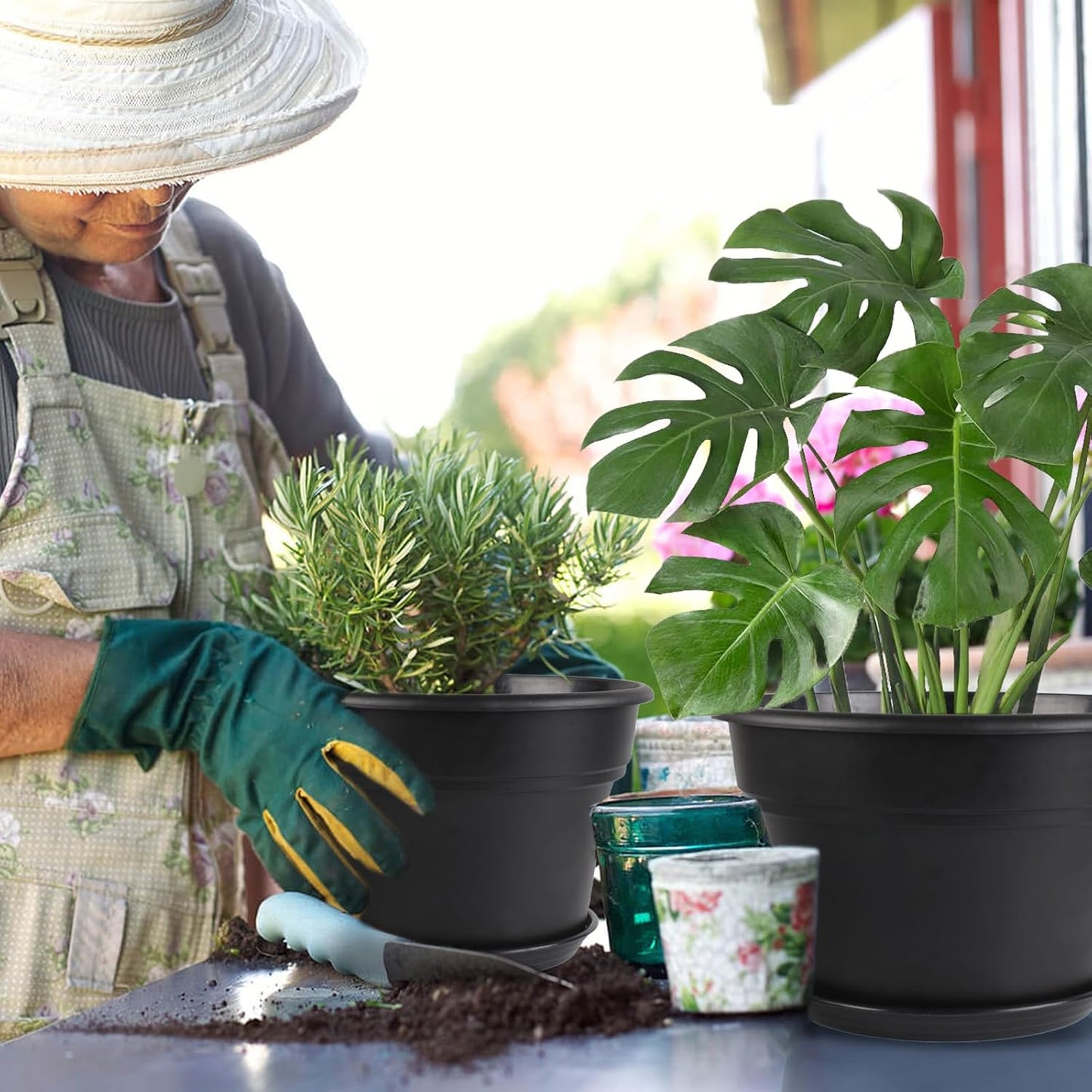 10-inch-Plant-Pots-Indoor-Outdoor, 4 Pack Plastic Planters with Drainage Holes & Saucers, Resin Flower Pots with Trays, Classic Garden Pot Container for House
