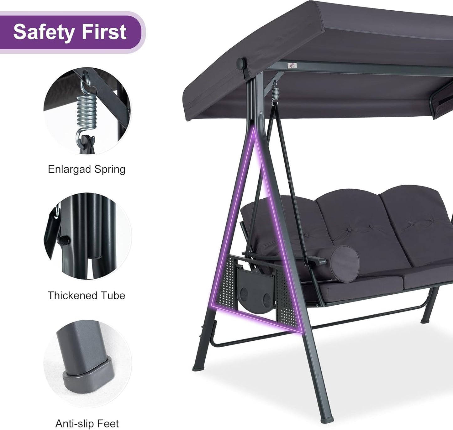 PURPLE LEAF Outdoor Patio Porch Swing with Stand, 3-seat Swing Chair with Adjustable Tilt Canopy All-Weather Steel Frame for Backyard Front Porch Lawn, Cushions and Pillow Included, Grey