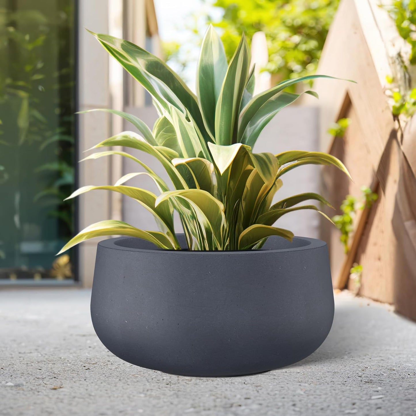 Kante 19.6" Dia Round Concrete Planter, Cement Plant Pots with Drainage Hole and Rubber Plug for Outdoor Indoor Garden Home, Modern Curvaceous Design, Dark Gray