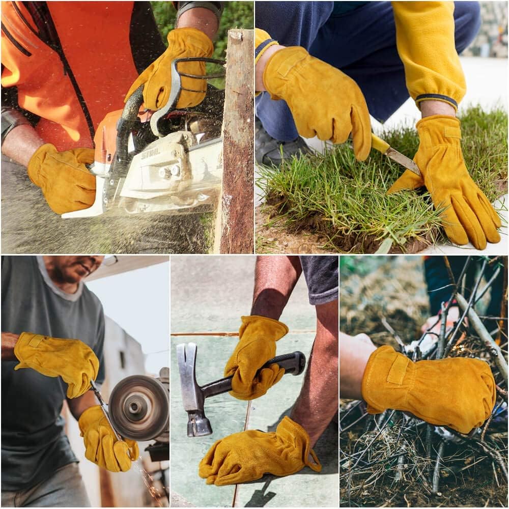 OZERO Leather Work Gloves Flex Grip Tough Cowhide Gardening Glove for Men and Women (Large, Gold With Mesh Linning)