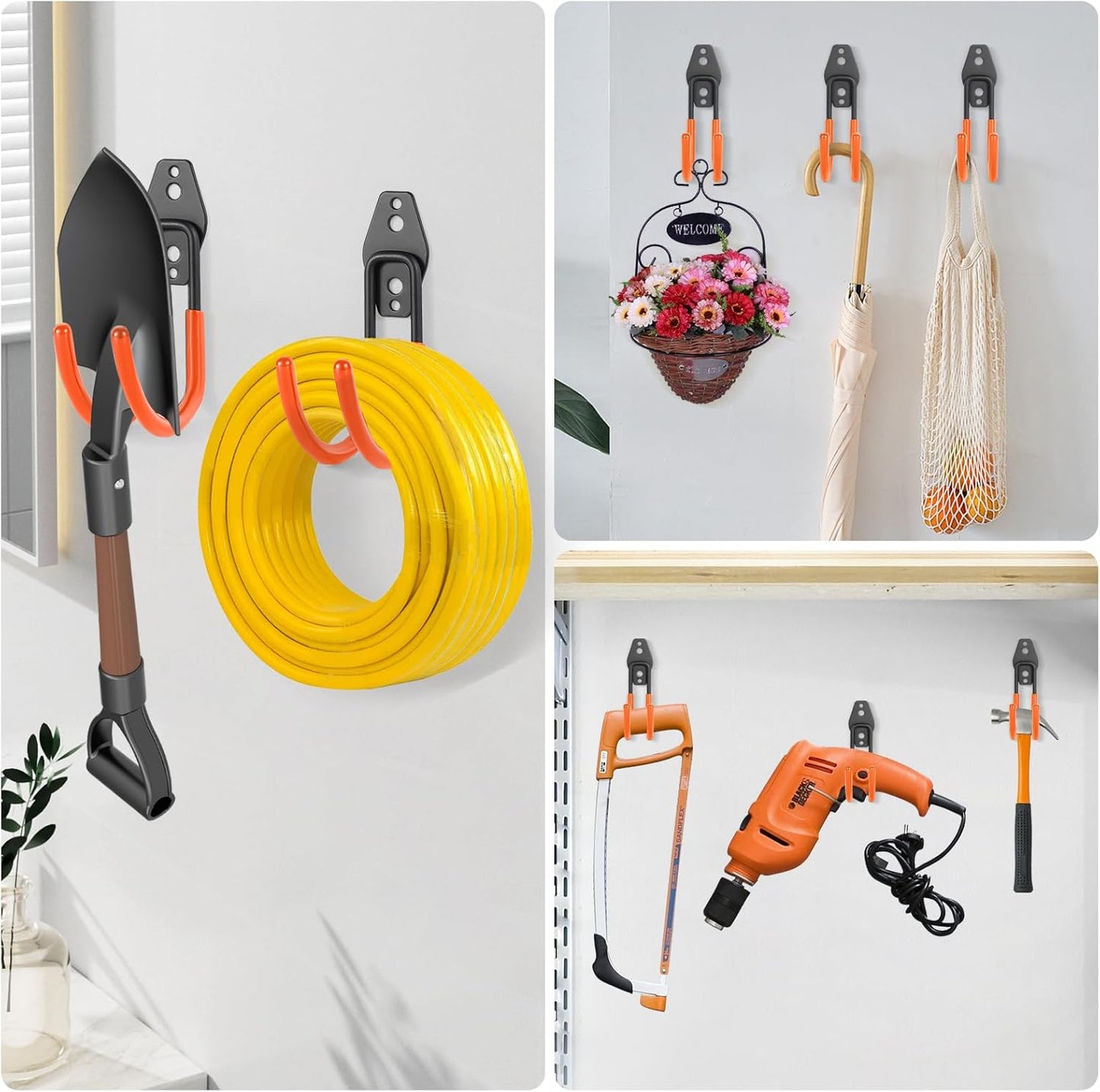Heavy Duty Hose Hook, Garage Storage Utility Hooks, Garden Hose Hooks with Coating, Wall Mount Hooks for Bikes, Tools, Ladders, Cables, and Outdoor Equipment, Orange