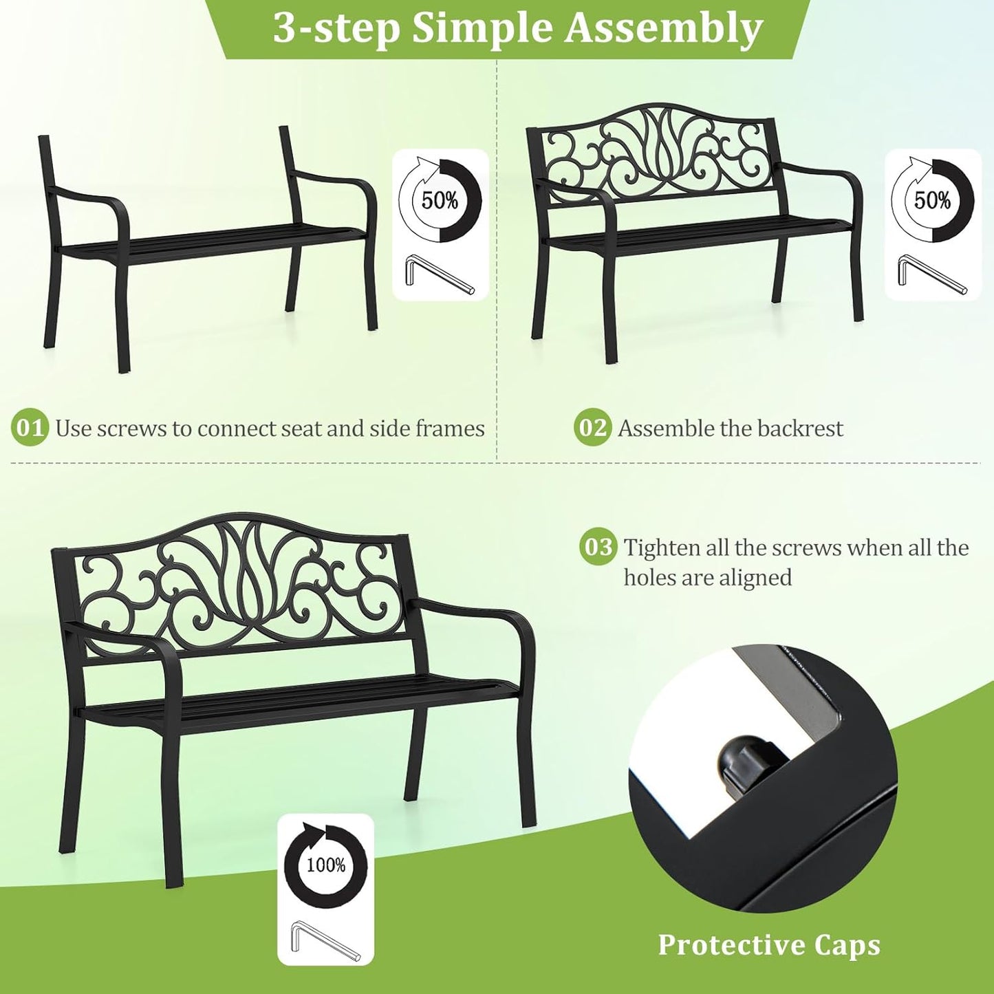 Tangkula 50 Inches Outdoor Garden Park Bench, Cast Iron Metal Front Porch Loveseat with Floral Design Backrest and Slatted Seat, Patio Bench with Armrests for Outside, Yard and Lawn, Black