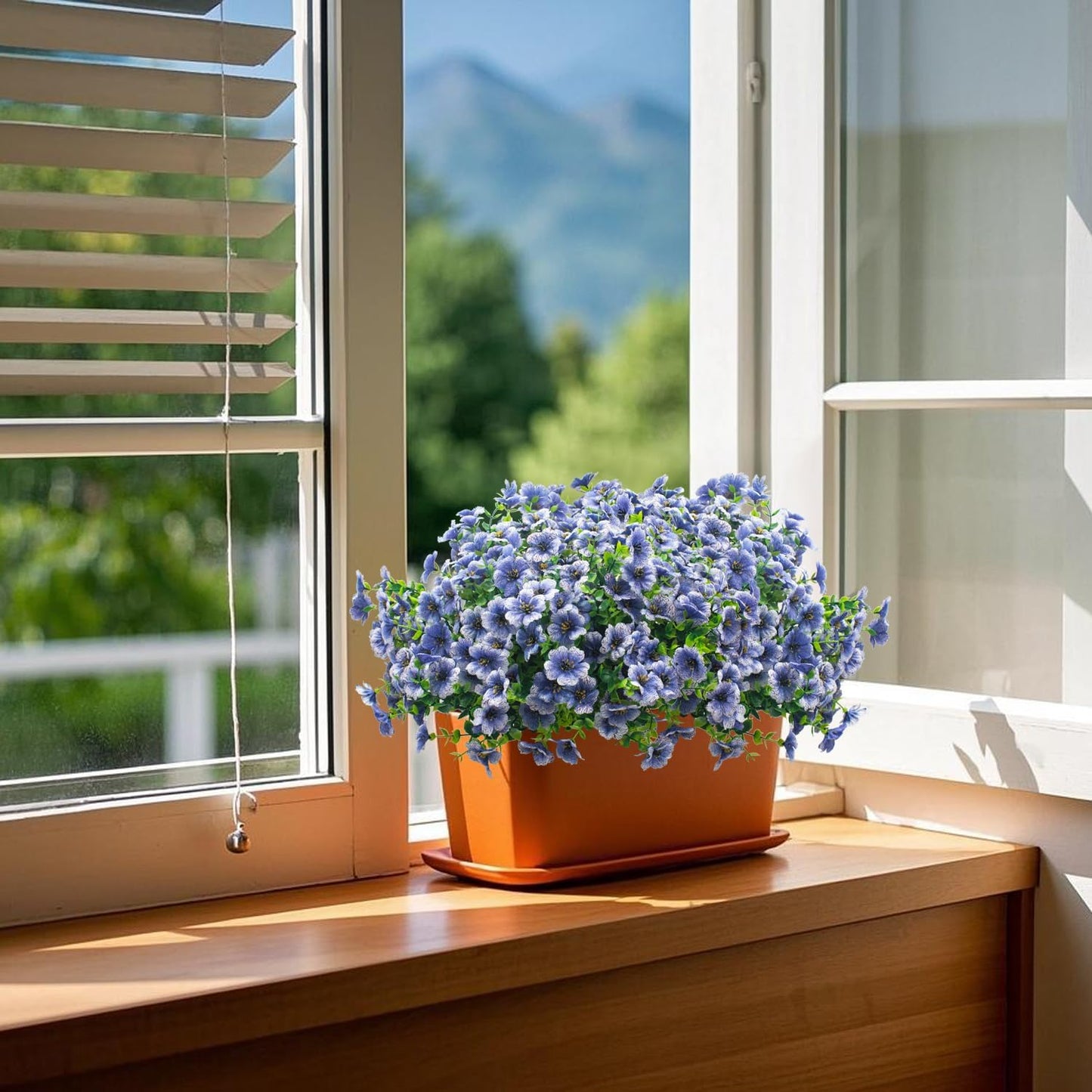 Artificial Fake Flowers for Outdoor Spring Decoration, 16 Bundles Faux Silk Colorful Daisy UV Resistant Realistic for Outside Porch Patio Home Yard Garden Planters Pots Window Box (Blue)