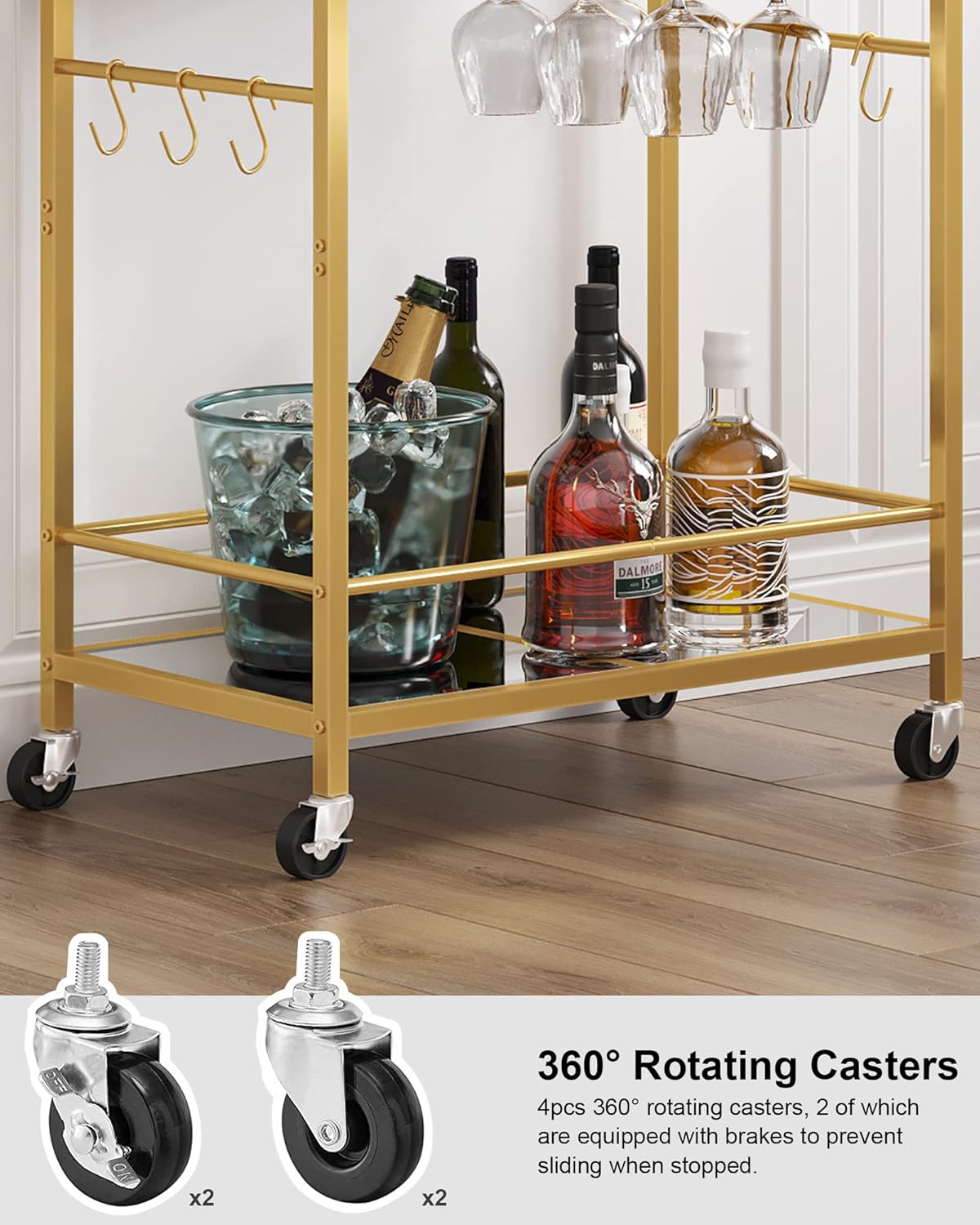TUTOTAK Bar Cart, Serving Cart for Home, Drink Cart, Mobile Kitchen Shelf with Wine Rack and Glass Holder, Rolling Beverage Cart, Gold BC01BB031