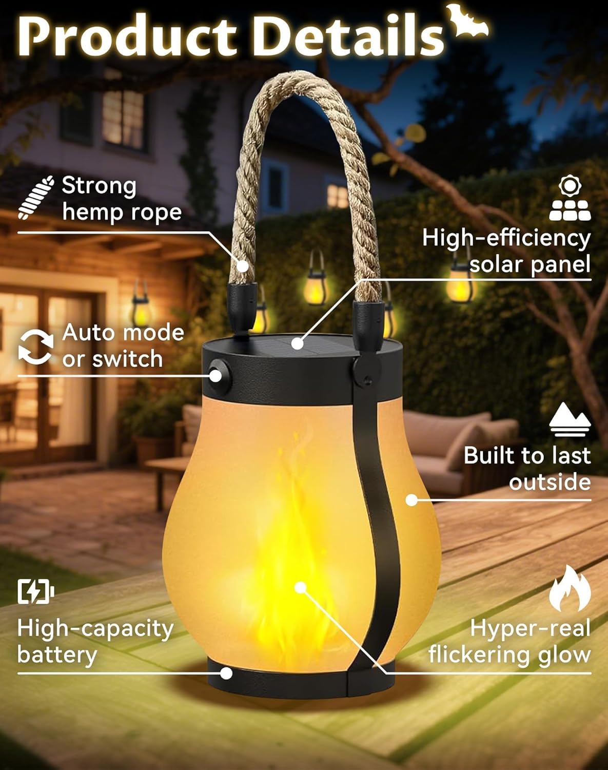 Kaliqo Solar Lanterns Outdoor Lights, Hemp Rope Flame Lights, Dancing Flame Solar Lights,It is Suitable for Outdoor Camping, Home Garden Decoration, Etc. (3pcs)