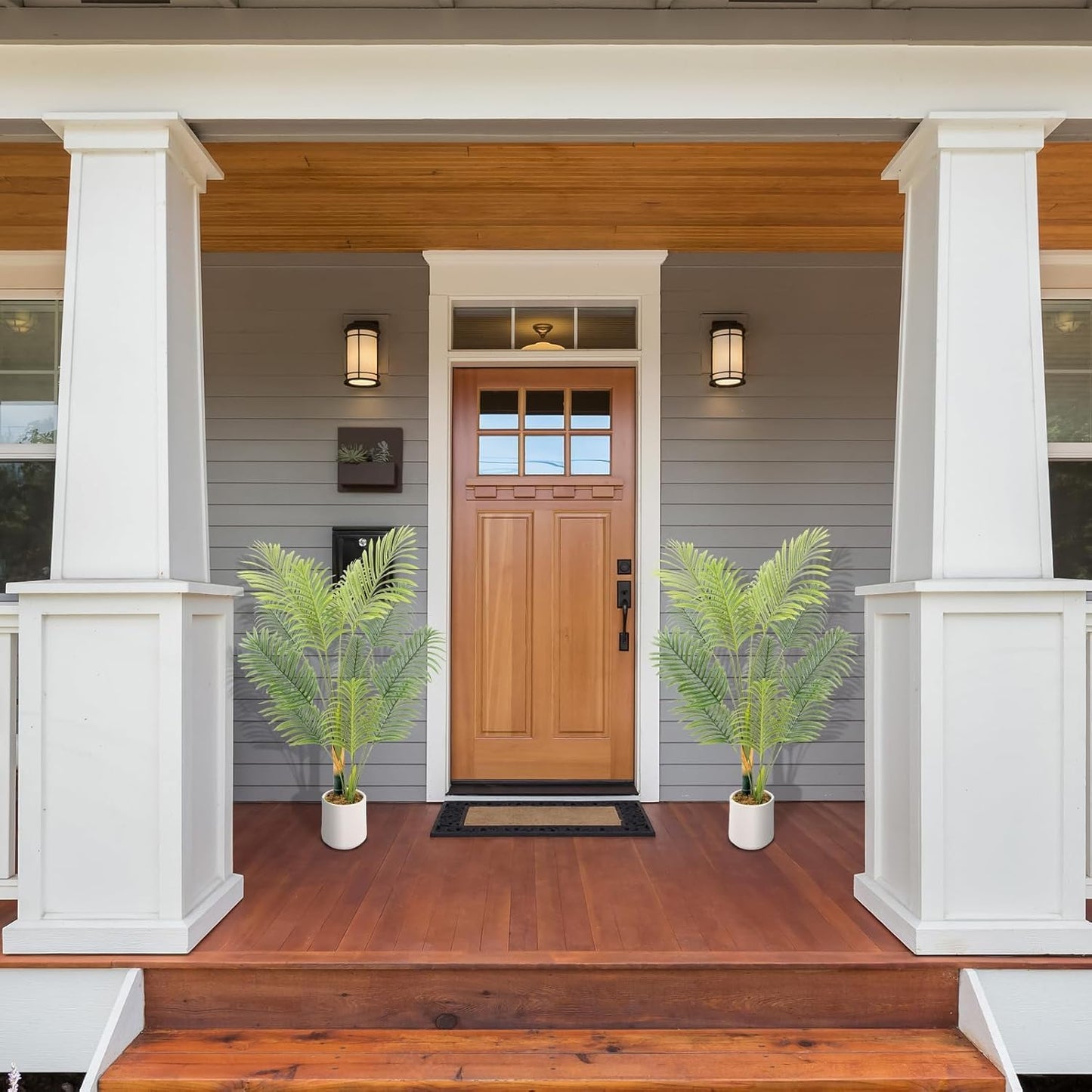 Artificial Fake Palm Tree 4FT 2Pack with White Planter & Free Moss, UV Resistant Artificial Palm Tree for Outdoors, Fake Plants for Poolside Home Room Decor, Faux Plants Outdoor Decor