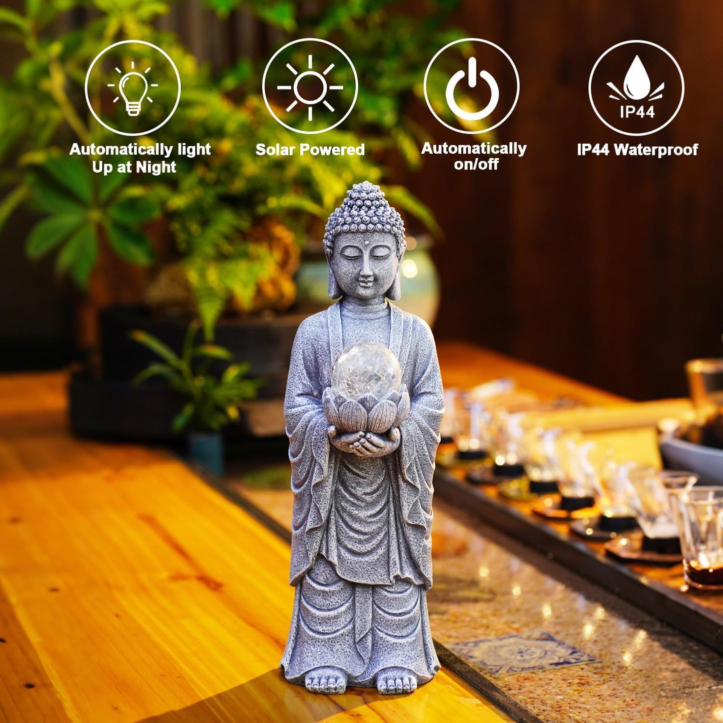 Goodeco Buddha Statue with Solar Lotus – 14.4 Inch Tall Large Garden Buddha Statue for Outside, Outdoor Zen Garden Statues