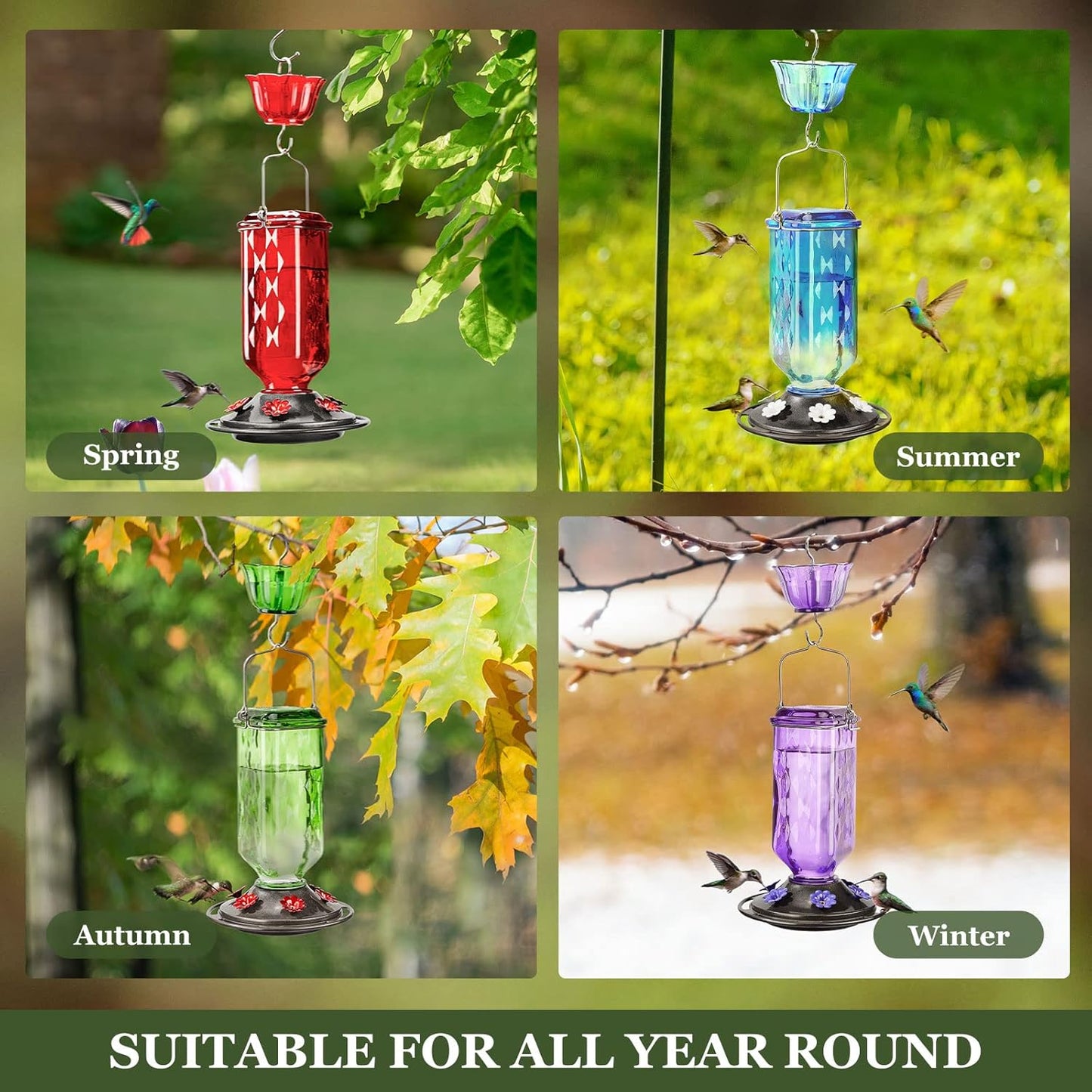 Kingsyard Glass Hummingbird Feeder for Outdoor Hanging, 24 Ounces, 6 Feeding Ports, Bird Nectar Feeder for Garden Décor, Ant Moat Included, Turquoise