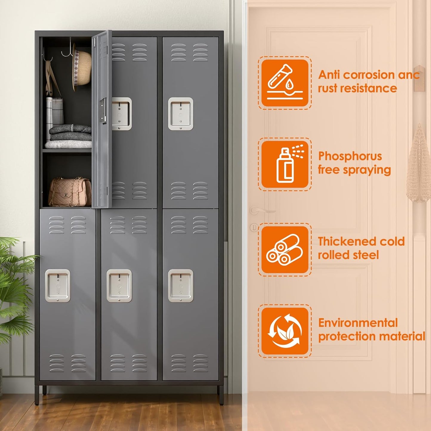 6 Doors Metal Lockers for Employees with 18 Hooks for Offices School Gyms Home,Assembly Required,Black and Dark Gray