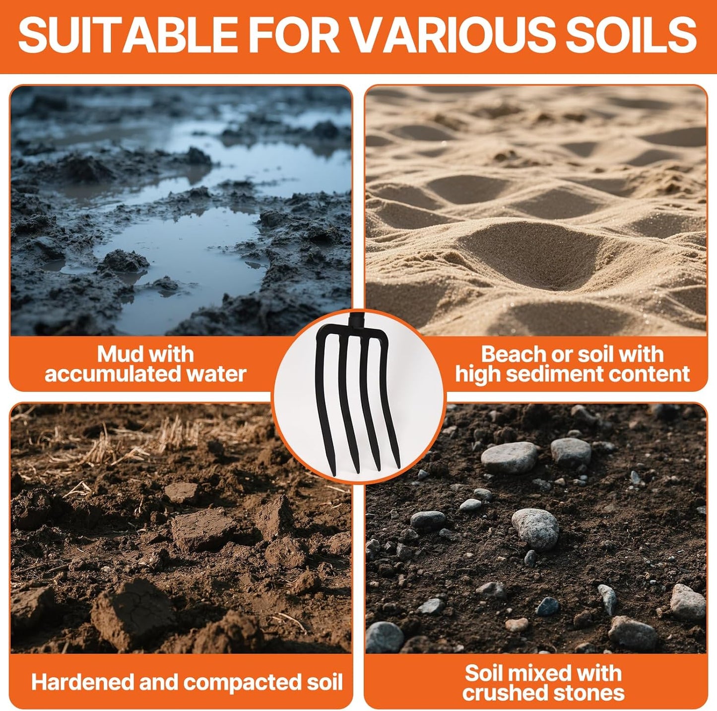 4-Tine Garden Fork,Heavy Duty Pitch Fork for Gardening,Digging Fork and Spading Fork for Loosening Soil,Compost Fork with Fiberglass Handle,45 Inch