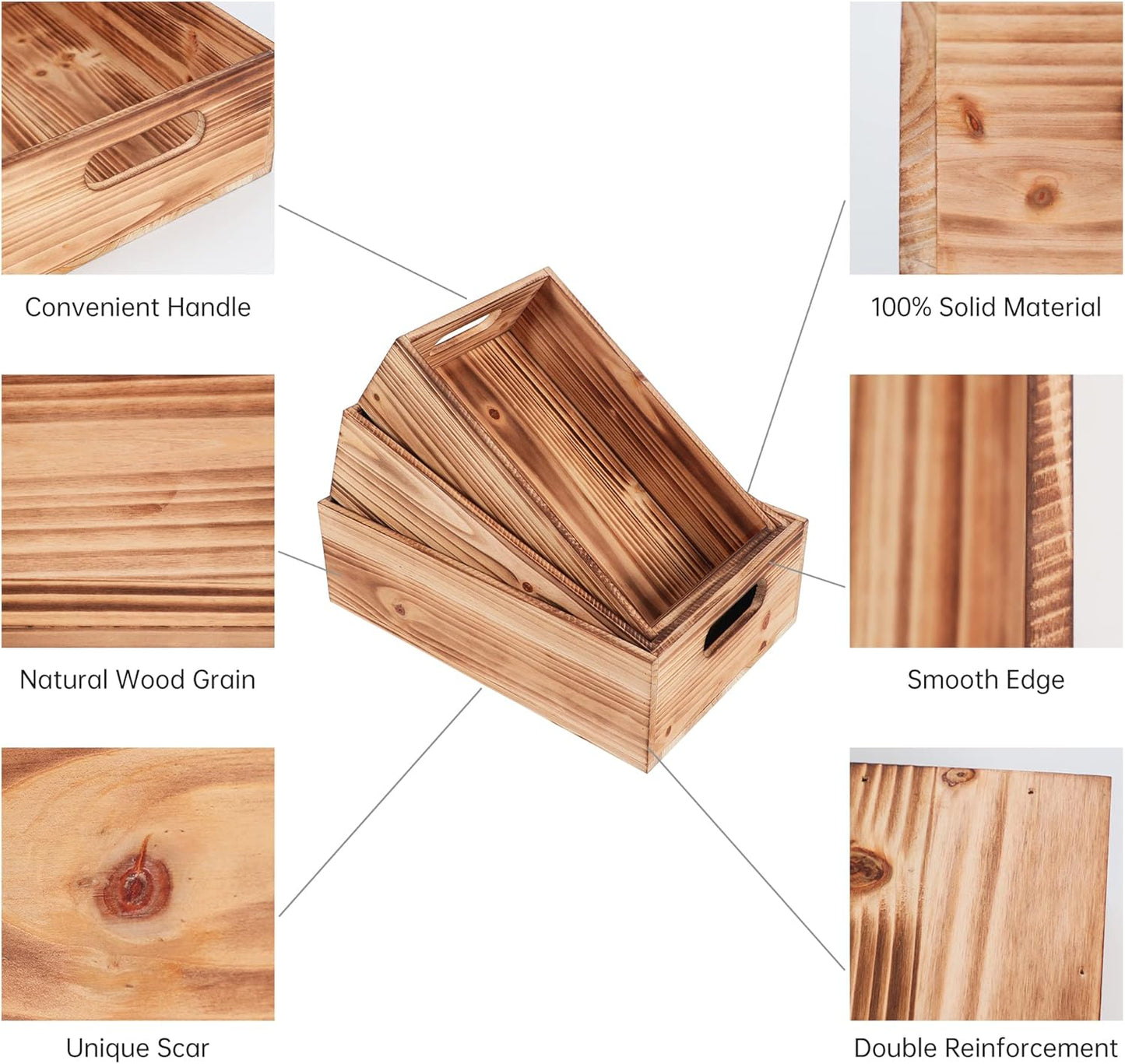 PHOENANCEE Wood Crates For Display,Rustic Crate Storage Decorative Boxes Set of 3,Wooden Nesting Box with Handles Farmhouse Container Basket Bin Home Decoration,Solid Pine,L+M+S