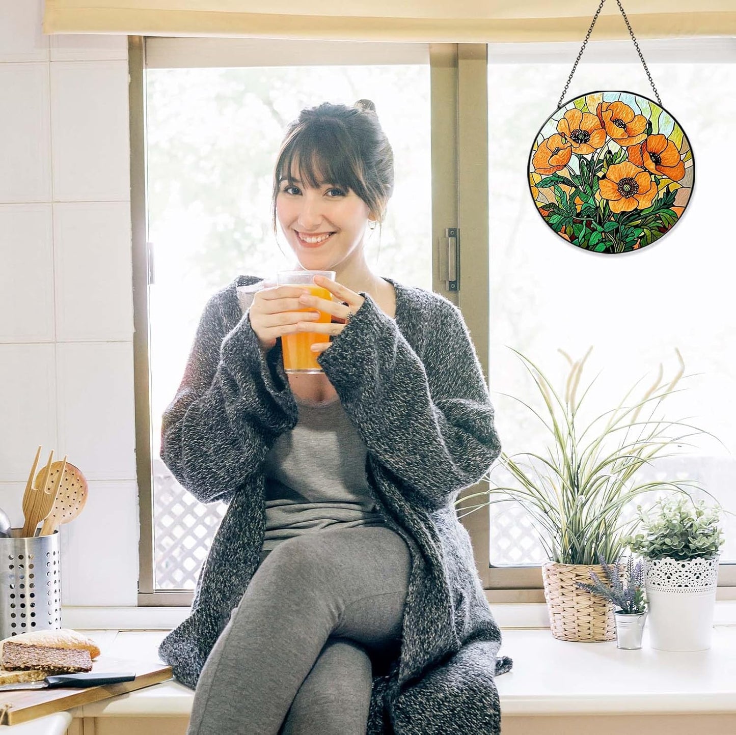 California Poppy Forest Sun Catcher Stained Glass Window Hanging Flower Lover Gifts for Women Poppy Wall Decor Handmade Sun Catcher Decoration for Home Garden Housewarming Gifts