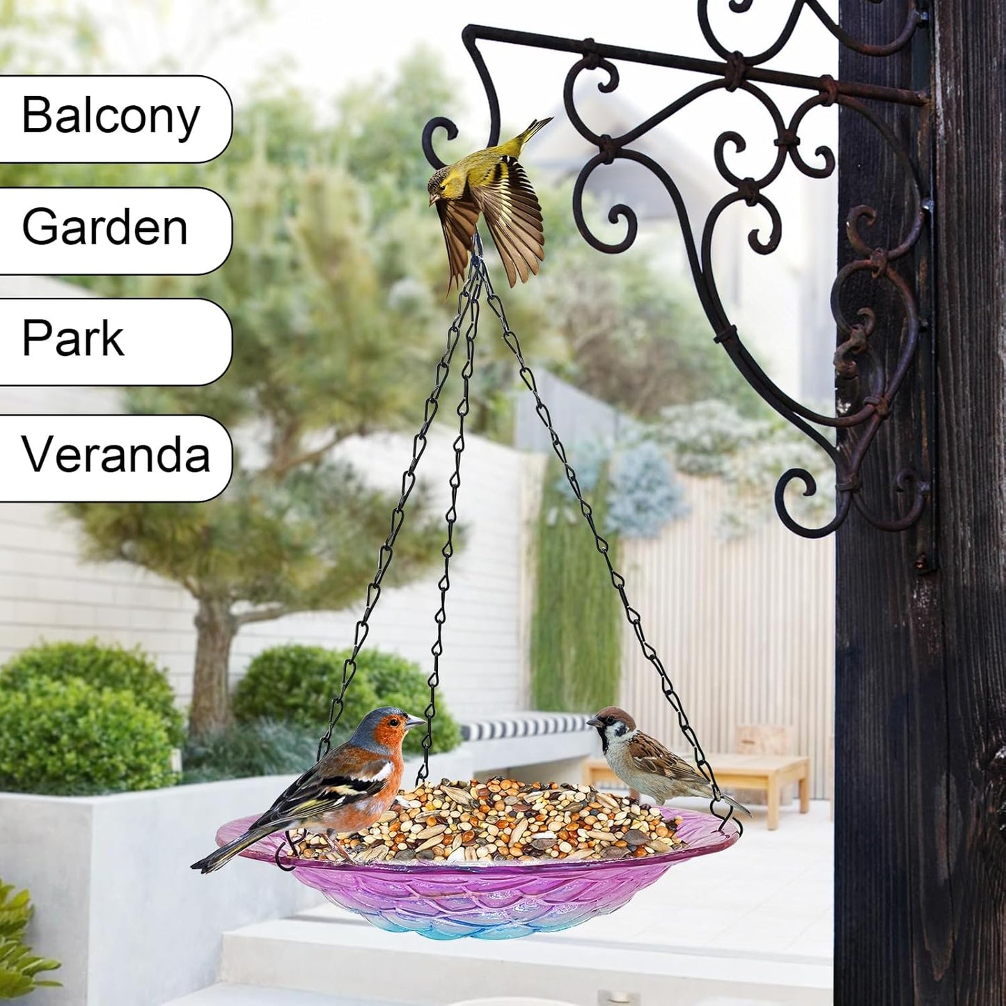 Hanging Birdbath, Outdoor Glass Birdbath, Purple and Blue Texture Pattern Bird Feeder for Garden Patio Decoration