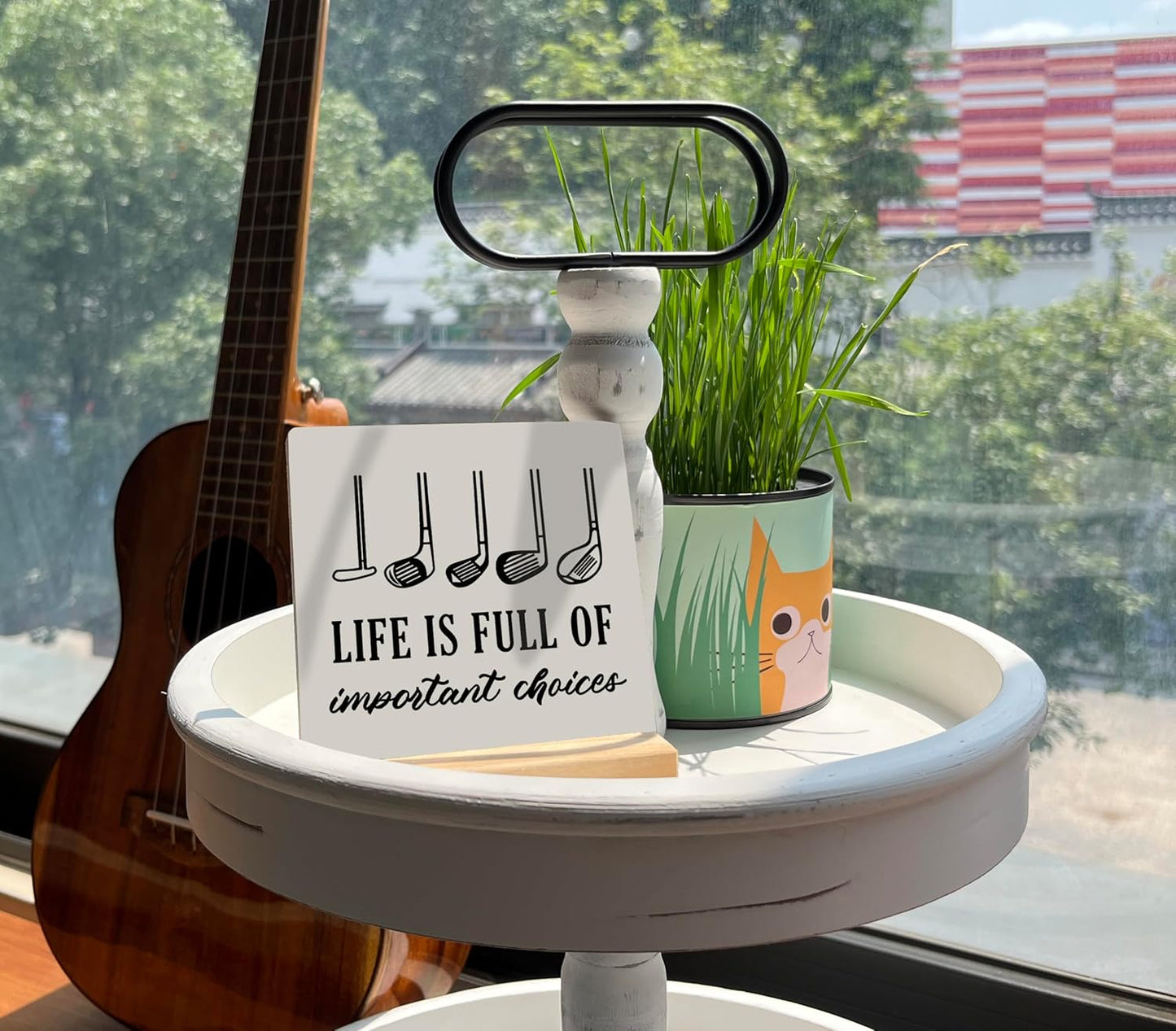 Primitive Wooden Sign, Life is Full of Important Choices, Desk Plaque with Wooden Stand 4 x 4.3 inches, Golf Decor, Rustic Home Decor, Golf Life Sign, Office Table Sign, Gift for Friends